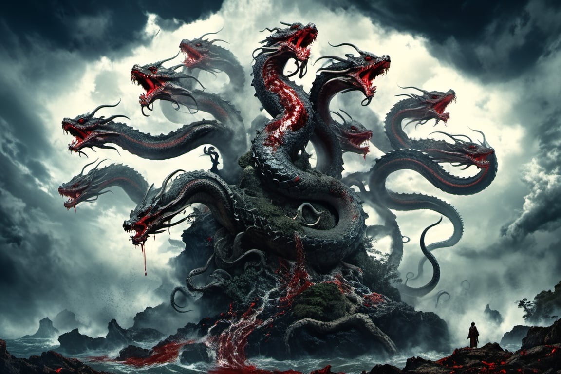 ((best quality)), ((masterpiece)), (((a seven-headed hydra))), (Seven intertwined hydras:1.9), (seven heads and necks:1.9), ,scary river monsters, Its Its eyes are red and shining, , it has five tails, Moss grow on its body, cypress grow on its body, cedar grow on its body, , (River water red with blood:1.8) , one side is covered in blood and sores, Scary and magnificent, a one ancient japanese girl standing on top of a hill next to a giant tree, , mountains, valleys, , ancient japanese mythology, , pixiv contest winner, fantasy art, , (intricate detail), (hyper detail), 8k hdr, high detail, lots of detail, , epic clouds and godlike lighting, covered with tentacles, , intricate ornate anime cgi style, night sea storm, birth of the universe, anime wallaper, a painting of a dragon, Concept art by Hieronymus Bosch, pixiv contest winner, fantasy art, lovecraftian, cosmic horror, apocalypse art,