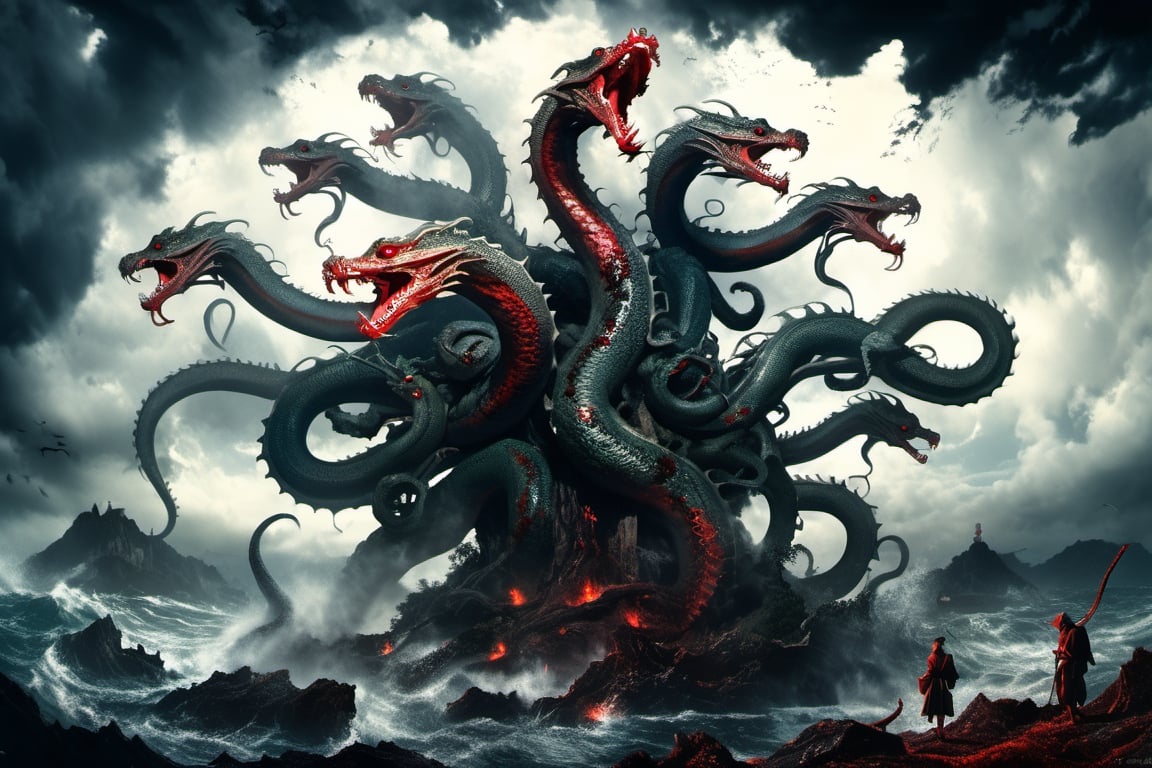 ((best quality)), ((masterpiece)), (((a seven-headed hydra))), (Seven intertwined hydras:1.9), (seven heads and necks:1.9), ,scary river monsters, Its Its eyes are red and shining, , it has five tails, Moss grow on its body, cypress grow on its body, cedar grow on its body, , (River water red with blood:0.5) , one side is covered in blood and sores, Scary and magnificent, a one ancient japanese girl standing on top of a hill next to a giant tree, , mountains, valleys, , ancient japanese mythology, , pixiv contest winner, fantasy art, , (intricate detail), (hyper detail), 8k hdr, high detail, lots of detail, , epic clouds and godlike lighting, covered with tentacles, , intricate ornate anime cgi style, night sea storm, birth of the universe, anime wallaper, a painting of a seven-headed dragon, Concept art by Hieronymus Bosch, pixiv contest winner, fantasy art, lovecraftian, cosmic horror, apocalypse art,Landskaper,6000,HellAI