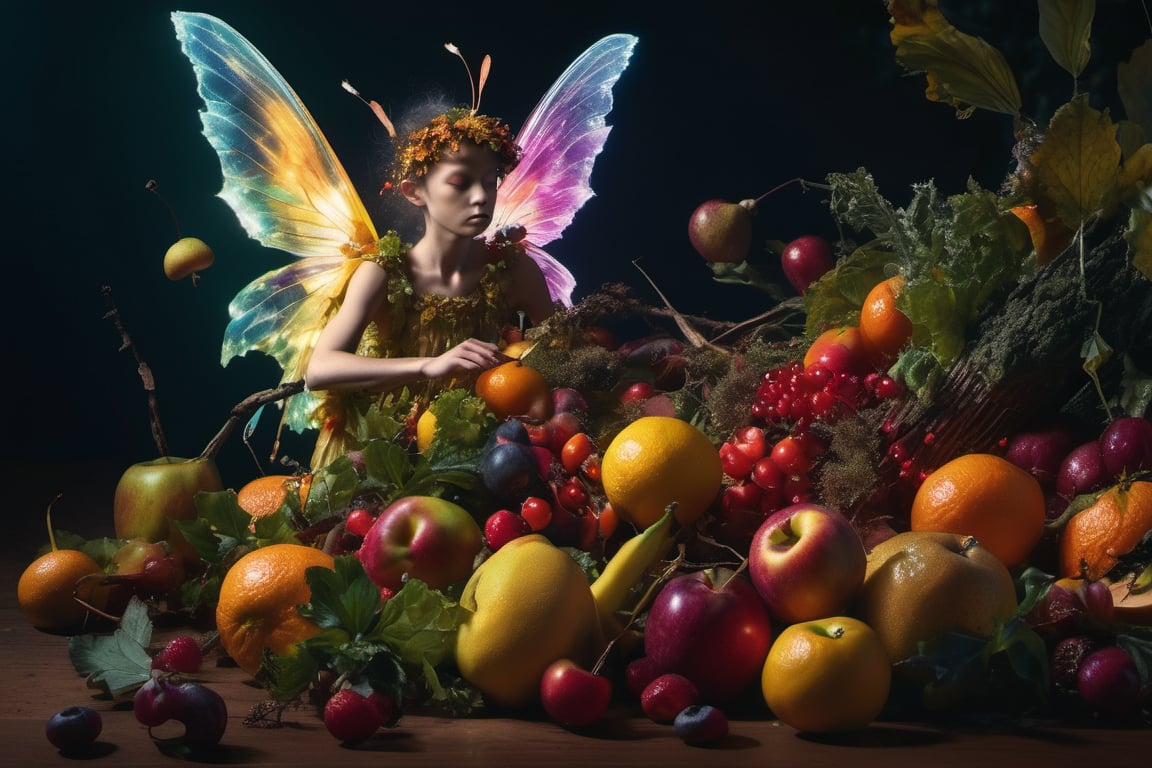 cruel fairies, centered, Classicism, Funky Seasons, side view, Photoshop, Grainy, Sound art, loud colors, Abstraction, strobe lighting, Super detailed, photorealistic, food photography, Cycles render, 4k