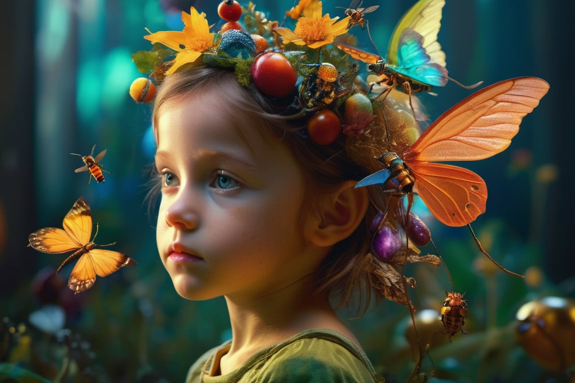 little girl fairy, centered, Classicism, Funky Seasons, side view, Photoshop, Grainy, Sound art, loud colors, Abstraction, strobe lighting, Super detailed, photorealistic, food photography, insects, Cycles render, 4k