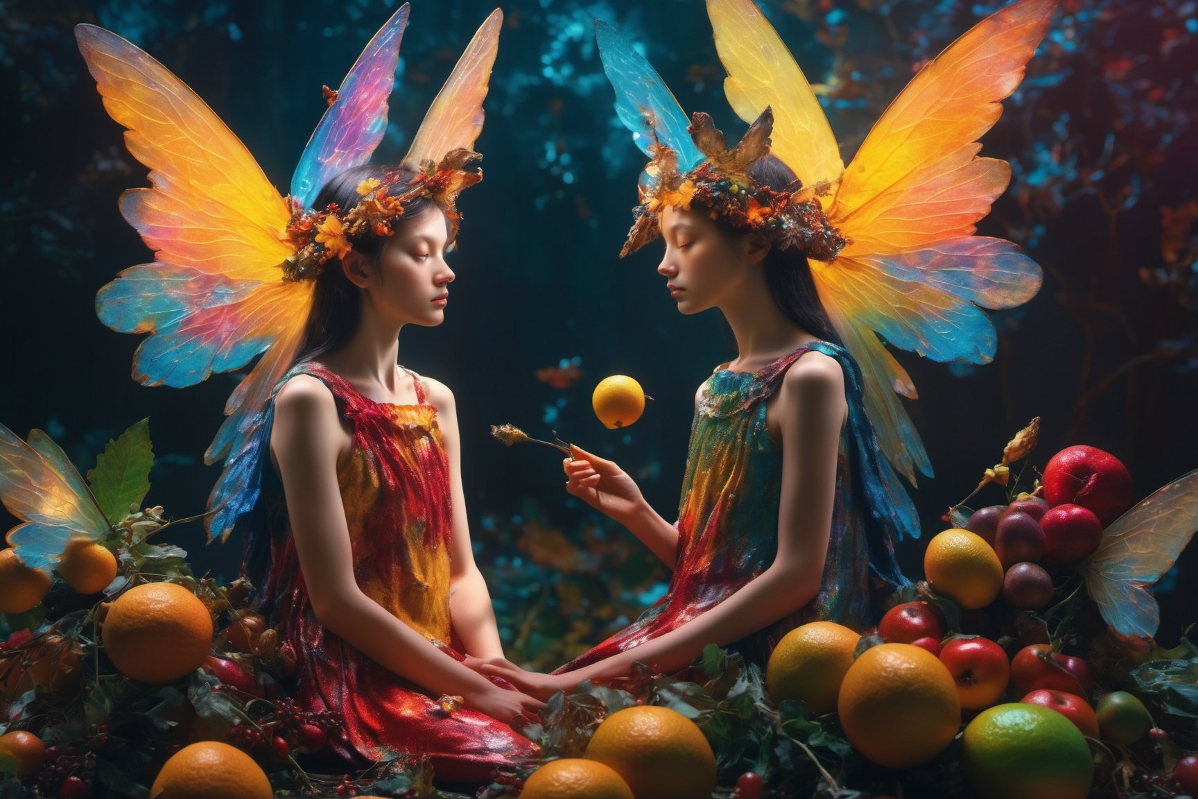 Beautiful virgin fairies,cruel fairies, centered, Classicism, Funky Seasons, side view, Photoshop, Grainy, Sound art, loud colors, Abstraction, strobe lighting, Super detailed, photorealistic, food photography, Cycles render, 4k