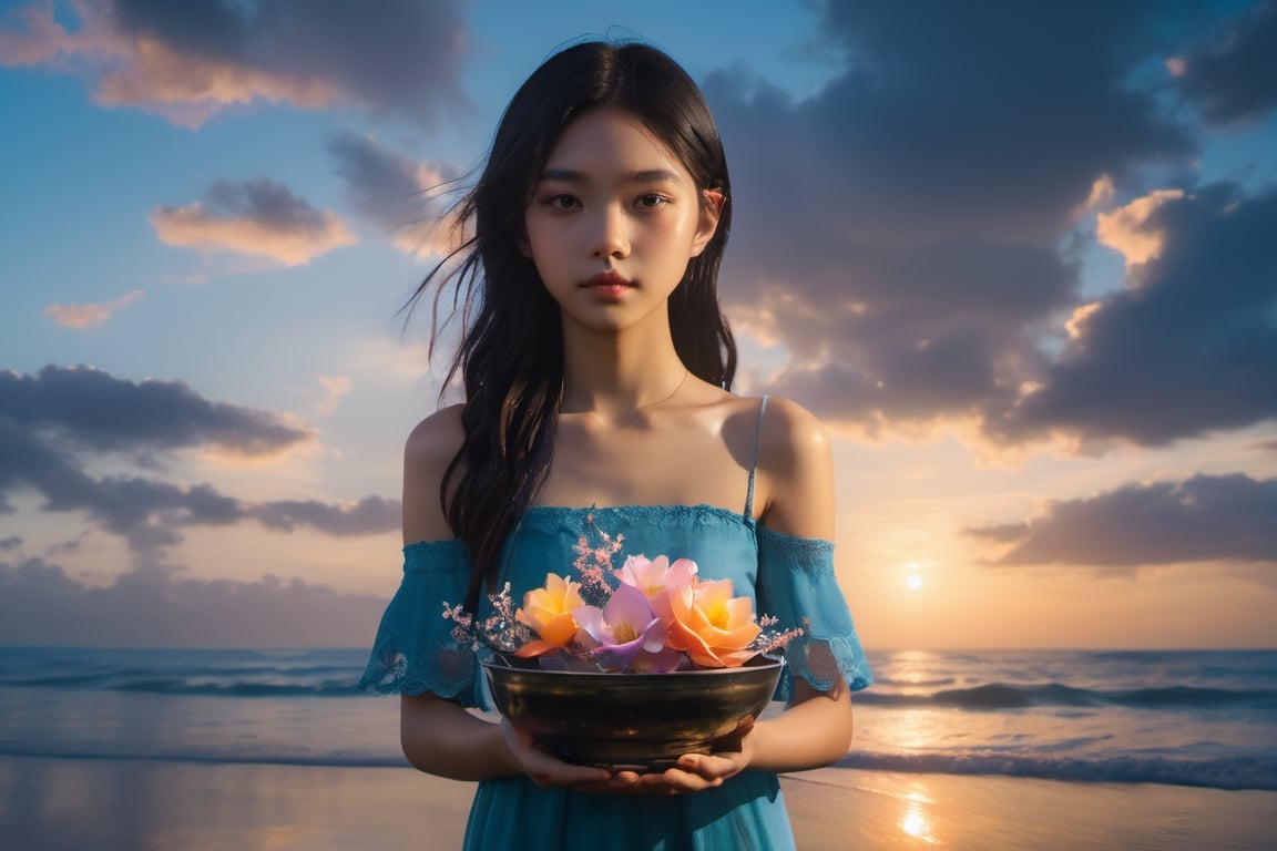midsummer girl, asian gir, 14 years old,beautiful vietnamese girl,
Holding a bowl of offering flowers,off shoulder summer clothes, The beach at beautiful dawn, the clouds lit by the sunrise, Shadows of distant islands,Dark Academia, chalk art, low angle, Houdini rendering, Soft focus, Sound art, iridescent colors, Dreamy, glow in the dark lighting, Ultra-realistic, highly detailed, natural lighting, ocean environment, Unity engine, 8k,xxmix_girl,  greg rutkowski,LinkGirl,FilmGirl