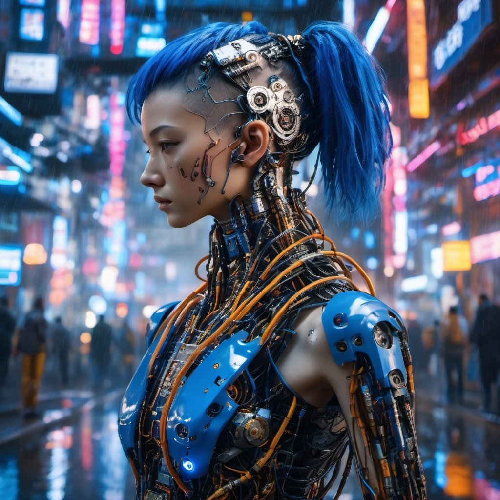 Top Quality, Masterpiece, Ultra High Resolution, ((Photorealistic: 1.4), Raw Photo, a Cyborg girl with ultramarine blue hair, cyber school girl, a close up of a person in a robot suit, cyberpunk art, Glossy Skin, (Ultra Realistic Details)), mechanical limbs, tubes connected to the mechanical parts, mechanical vertebrae attached to the spine, mechanical cervical attachment to the neck, wires and cables connecting to the head,Metallic luster, amazingly detailed details, intricate circuits and tubes, neon lighting, the background is a cyberpunk city at night, rain, cgsociety, retrofuturism, vray tracing, future tech, physically based rendering, cgsociety contest winner, movie still of a cool cyborg, cyberpunk style color, gynoid body, cyberpunk tokyo, blue cyborg, portrait of an ai, covered in circuitry, hyper-realistic cg, perfect android girl, japanese vfx, dramatic sci-fi movie still