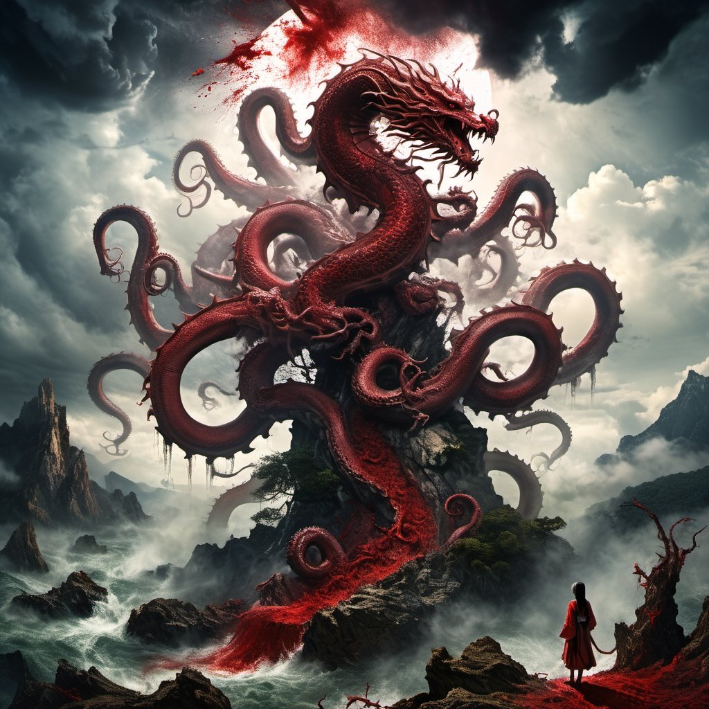 ((best quality)), ((masterpiece)), (((a seven-headed hydra))), (Seven intertwined hydras:1.9), (seven heads and necks:1.9), ,scary river monsters, Its Its eyes are red and shining, , it has five tails, Moss grow on its body, cypress grow on its body, cedar grow on its body, , (River water red with blood:1.8) , one side is covered in blood and sores, Scary and magnificent, a one ancient japanese girl standing on top of a hill next to a giant tree, , mountains, valleys, , ancient japanese mythology, , pixiv contest winner, fantasy art, , (intricate detail), (hyper detail), 8k hdr, high detail, lots of detail, , epic clouds and godlike lighting, covered with tentacles, , intricate ornate anime cgi style, night sea storm, birth of the universe, anime wallaper, a painting of a dragon, Concept art by Hieronymus Bosch, pixiv contest winner, fantasy art, lovecraftian, cosmic horror, apocalypse art,