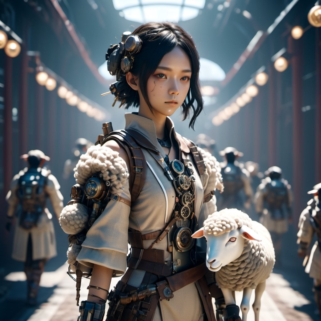 android girl, beautiful asian girl, carrying a small artificial sheep on her shoulders,,, Androgynous, Game Night, long shot, Octane rendering, Lo-fi, game asset, khaki colors, steampunk, sun lighting, 8K,Movie Still,cyborg style