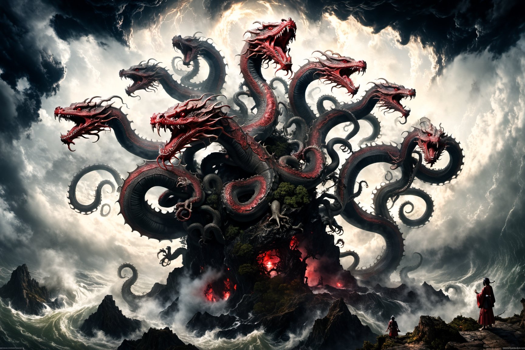 ((best quality)), ((masterpiece)), (((a seven-headed hydra))), (Seven intertwined hydras:1.9), (seven heads and necks:1.9), ,scary river monsters, Its Its eyes are red and shining, , it has five tails, Moss grow on its body, cypress grow on its body, cedar grow on its body, , (River water red with blood:0.5) , one side is covered in blood and sores, Scary and magnificent, a one ancient japanese girl standing on top of a hill next to a giant tree, , mountains, valleys, , ancient japanese mythology, , pixiv contest winner, fantasy art, , (intricate detail), (hyper detail), 8k hdr, high detail, lots of detail, , epic clouds and godlike lighting, covered with tentacles, , intricate ornate anime cgi style, night sea storm, birth of the universe, anime wallaper, a painting of a seven-headed dragon, Concept art by Hieronymus Bosch, pixiv contest winner, fantasy art, lovecraftian, cosmic horror, apocalypse art,Landskaper,6000,HellAI