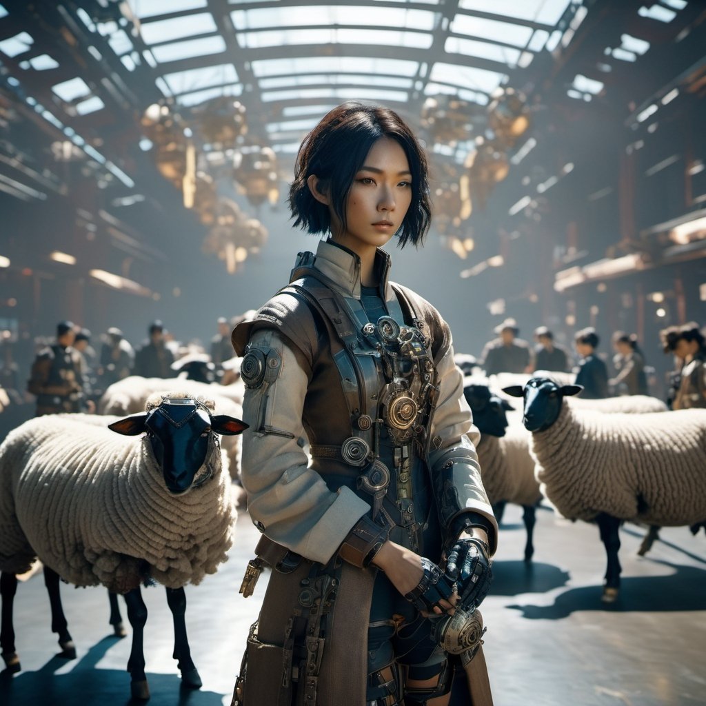 android girl, beautiful asian girl, holding a sheep,big, Androgynous, Game Night, long shot, Octane rendering, Lo-fi, game asset, khaki colors, steampunk, sun lighting, 8K,Movie Still,cyborg style