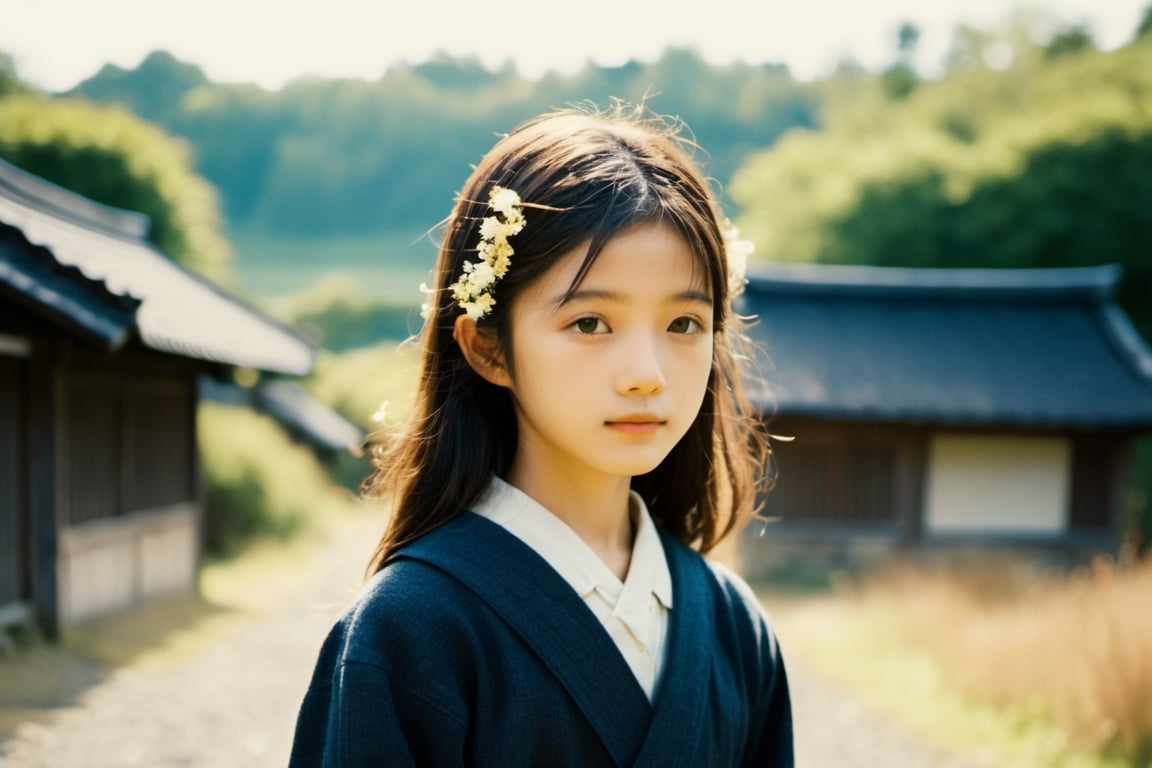 Top Quality, Masterpiece, Ultra High Resolution, ((Photorealistic: 1.4), Raw Photo, high contrast , bokeh , nostalgia , faded film , vintage , grain effect , vignette effect , japanese countryside , girl, 13 years old,