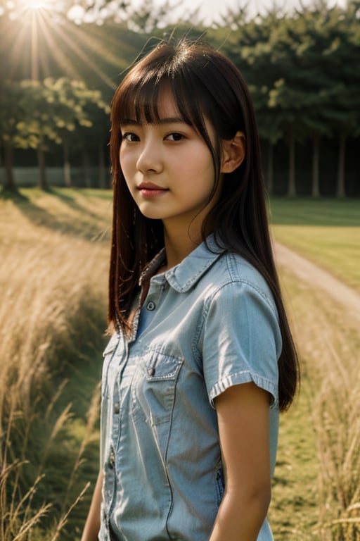 Top Quality, Masterpiece, Ultra HD, (Realistic: 1.4), Original photo, Official art, Wallpaper, Bust photo, Skin, Summer grass, Black eyes, Detail, 1 Girl, Asian girls, Beautiful Japanese girl, Arafed Asian girl, 15 years old, Strong wind, Sunshine, Face shy, Water fog, Natural light, Knee shot, Sunlight shining in hair