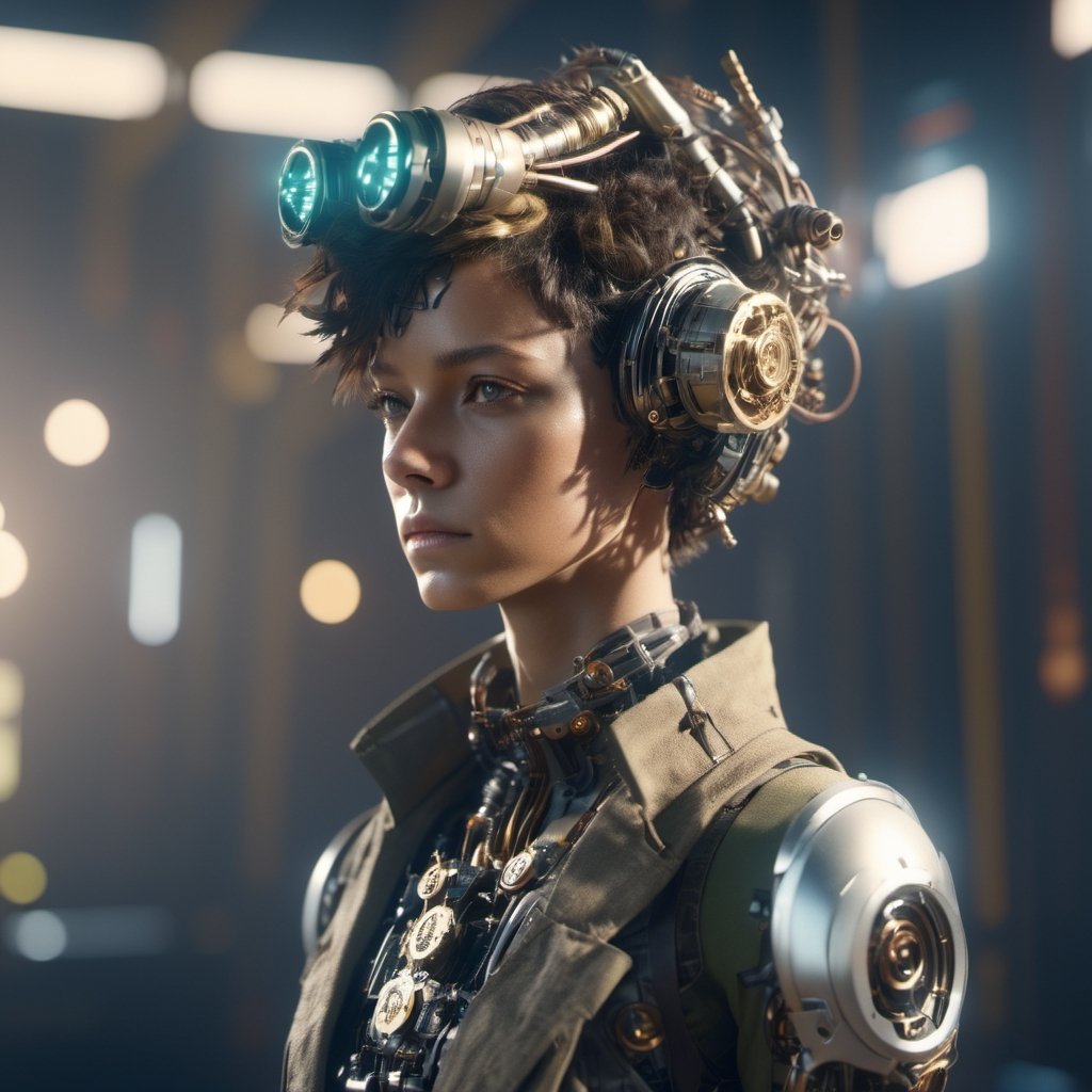 android girl, electric sheep,big, Androgynous, Game Night, long shot, Octane rendering, Lo-fi, game asset, khaki colors, steampunk, sun lighting, 8K,Movie Still,cyborg style