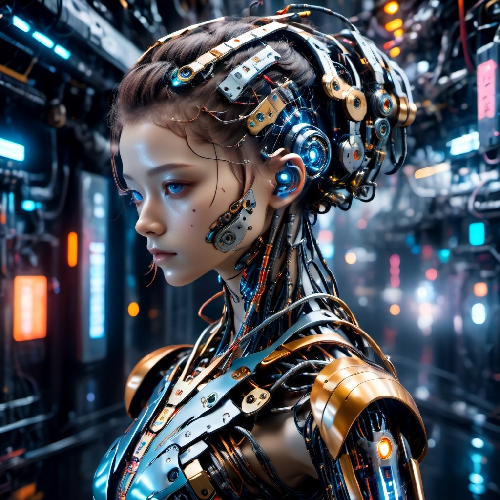 Top Quality, Masterpiece, Ultra High Resolution, ((Photorealistic: 1.4), Raw Photo, a Cyborg girl, cyber school girl, a close up of a person in a robot suit, cyberpunk art, Shining eyes, Glossy Skin,Partially exposed human skin , she has a glow coming from her, (Ultra Realistic Details)), mechanical limbs, tubes connected to the mechanical parts, mechanical vertebrae attached to the spine, mechanical cervical attachment to the neck, wires and cables connecting to the head,Metallic luster, amazingly detailed details, intricate circuits and tubes, neon lighting, the background is a Waste machinery dumping ground at night, rain, cgsociety, retrofuturism, vray tracing, future tech, physically based rendering, cgsociety contest winner, movie still of a cool cyborg, cyberpunk style color, gynoid body, cyberpunk tokyo, blue cyborg, portrait of an ai, covered in circuitry, hyper-realistic cg, perfect android girl, japanese vfx, dramatic sci-fi movie still