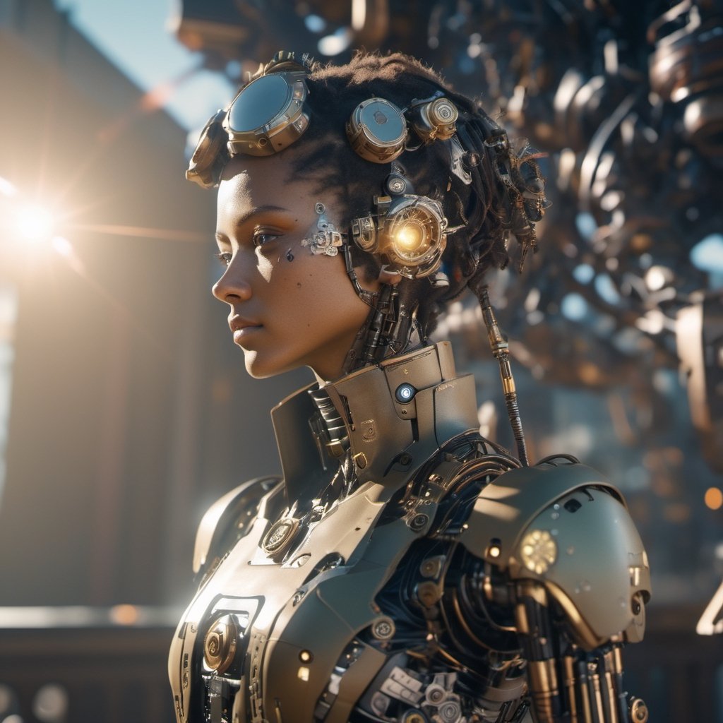 android girl, big, Androgynous, Game Night, long shot, Octane rendering, Lo-fi, game asset, khaki colors, steampunk, sun lighting, 8K,Movie Still,cyborg style