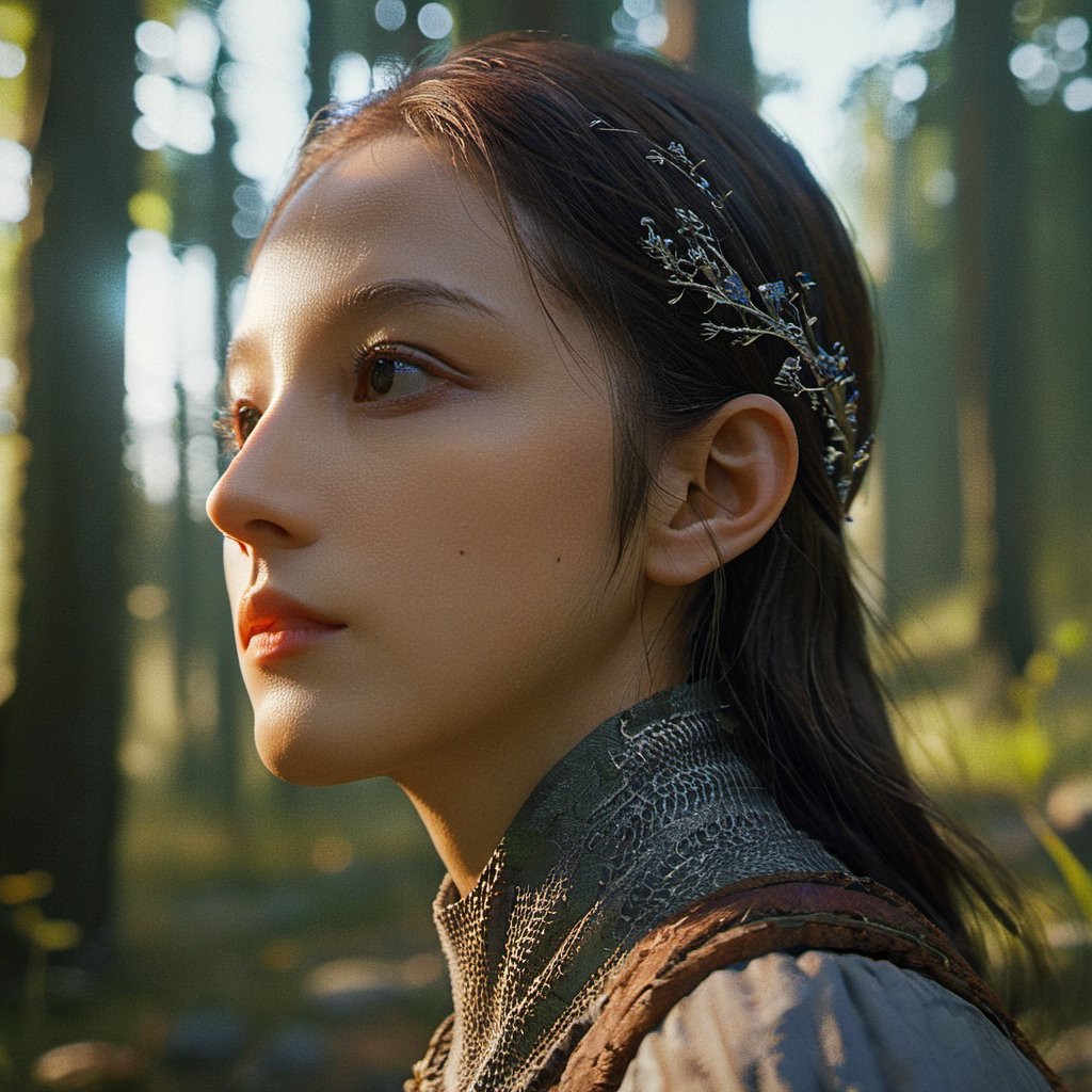 android girl, Playful, Cleancore, Gamercore, low angle, CGsociety, Detailed, game item, jazzy colors, Medieval, spot lighting, Ultra-realistic, highly detailed, natural lighting, forest environment, Unreal engine, 8k,