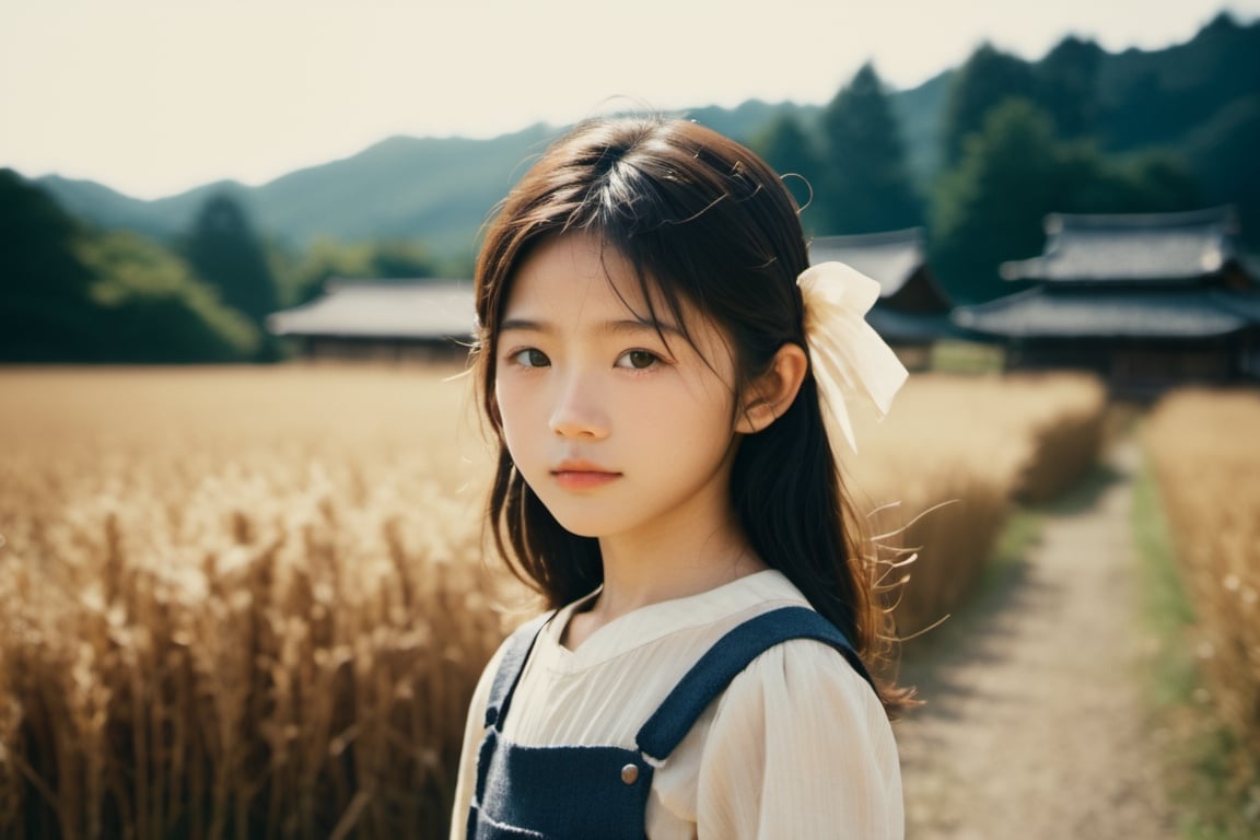 Top Quality, Masterpiece, Ultra High Resolution, ((Photorealistic: 1.4), Raw Photo, high contrast , bokeh , nostalgia , faded film , vintage , grain effect , vignette effect , japanese countryside , girl, 13 years old,