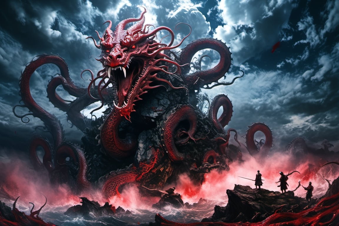 ((best quality)), ((masterpiece)), (((a seven-headed hydra))), (Seven intertwined hydras:1.9), (many heads and necks:1.9), ,scary river monsters, Its Its eyes are red and shining, , it has five tails, Moss grow on its body, cypress grow on its body, cedar grow on its body, , (River water red with blood:1.8) , one side is covered in blood and sores, Scary and magnificent, a one ancient japanese girl standing on top of a hill next to a giant tree, , mountains, valleys, , ancient japanese mythology, , pixiv contest winner, fantasy art, , (intricate detail), (hyper detail), 8k hdr, high detail, lots of detail, , epic clouds and godlike lighting, covered with tentacles, , intricate ornate anime cgi style, night sea storm, birth of the universe, anime wallaper, a painting of a dragon, Concept art by Hieronymus Bosch, pixiv contest winner, fantasy art, lovecraftian, cosmic horror, apocalypse art,