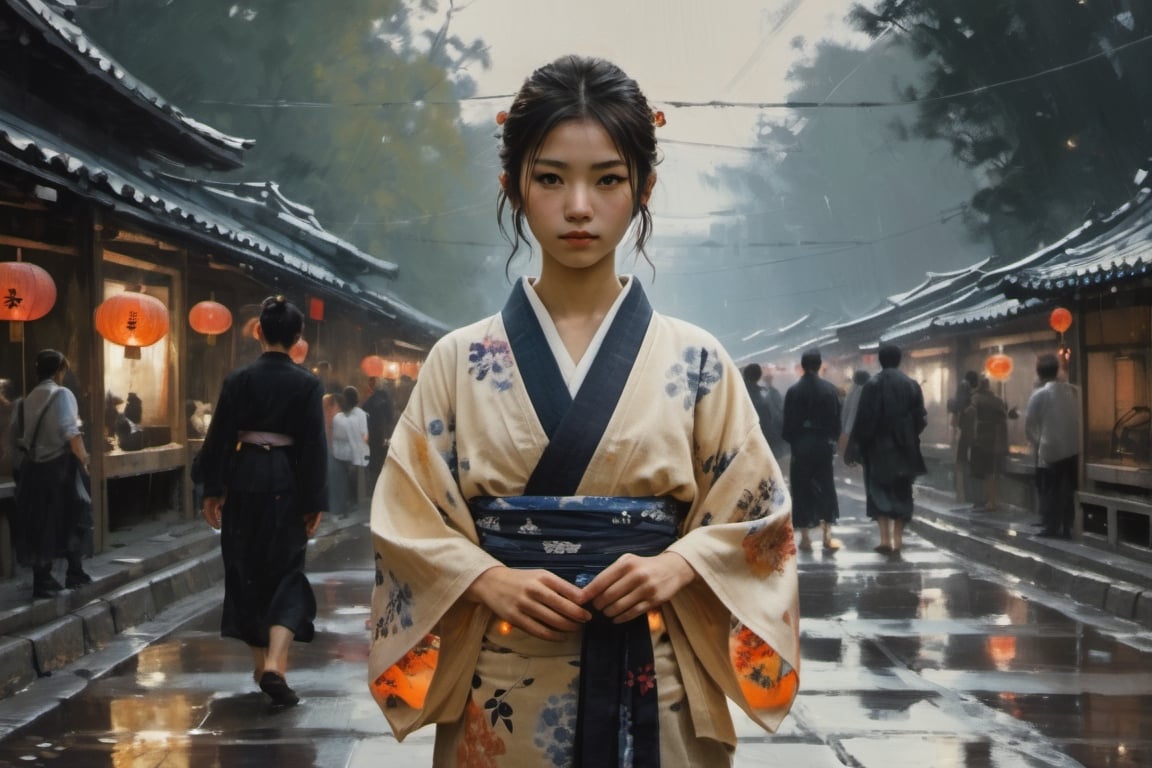 Japanese girl in a yukata,thin cloth yukata, midsummer girl, asian girl, 14 years old, Mystical, Night festivals, lanterns, night stall lights,Hypnotic, Classicism, Geek, DSLR, Character modeling, Detailed, Tapestry, brash colors, Halloween, film noir lighting, 8K,xxmix_girl,FilmGirl,painting by jakub rozalski,HZ Steampunk