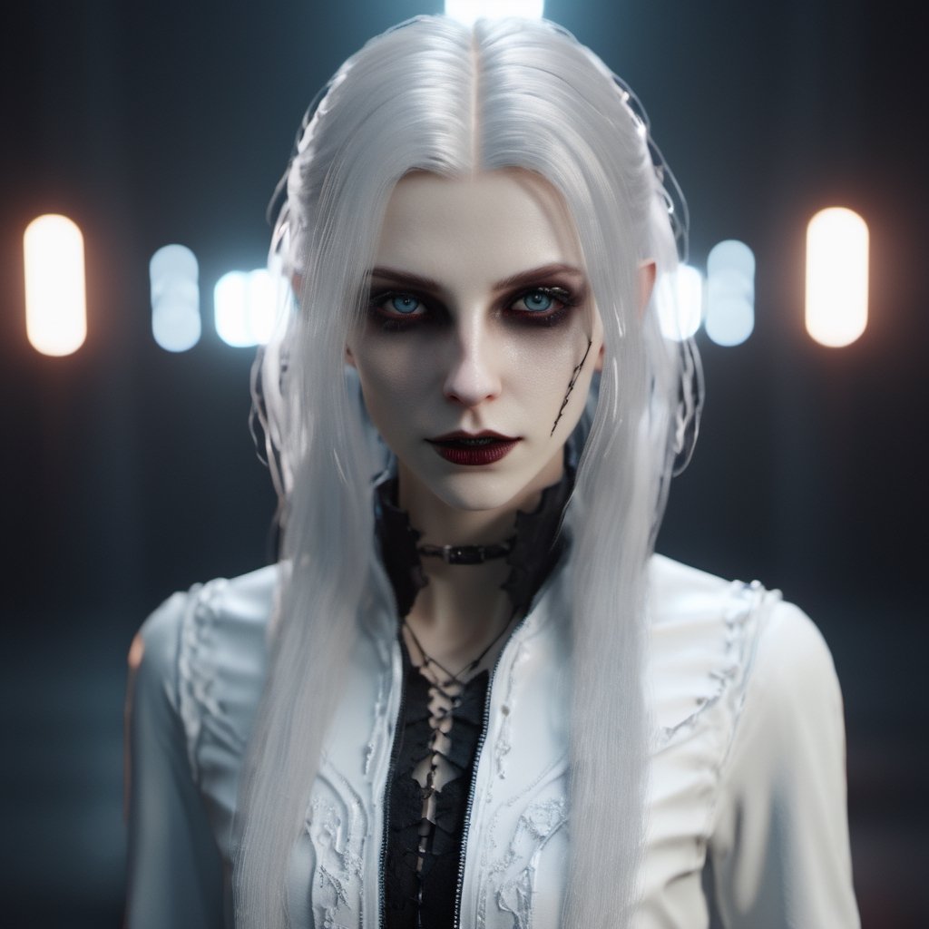 Beautiful girl vampire, mix of white and black,Gothic, scary, CyberneticPunk, Glowwave, GoPro view, Rigging, Depth of field, Print, Monochromatic colors, Groundcore, lens flare lighting, Ultra-realistic, highly detailed, PBR materials, Unity engine, volumetric lighting, 8k