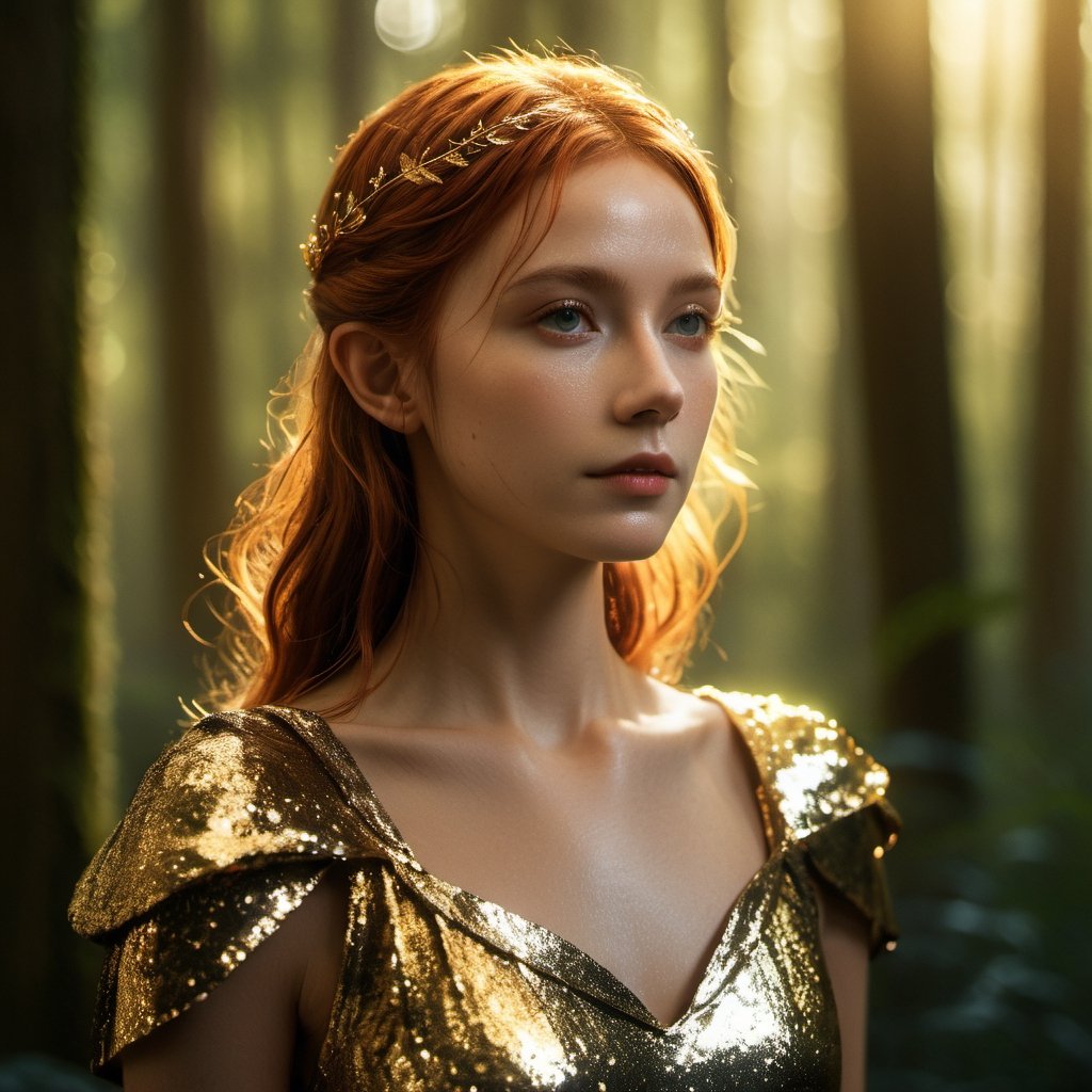 Top Quality, Masterpiece, Ultra High Resolution, a woman in a gold dress standing in a forest, shutterstock, digital art, dewy skin, unreal engine 5 lighting, bokeh top cinematic lighting, maiden with copper hair, soft portrait shot 8 k, a portrait of an elf, unreal engine ; romantic theme, she has a glow coming from her