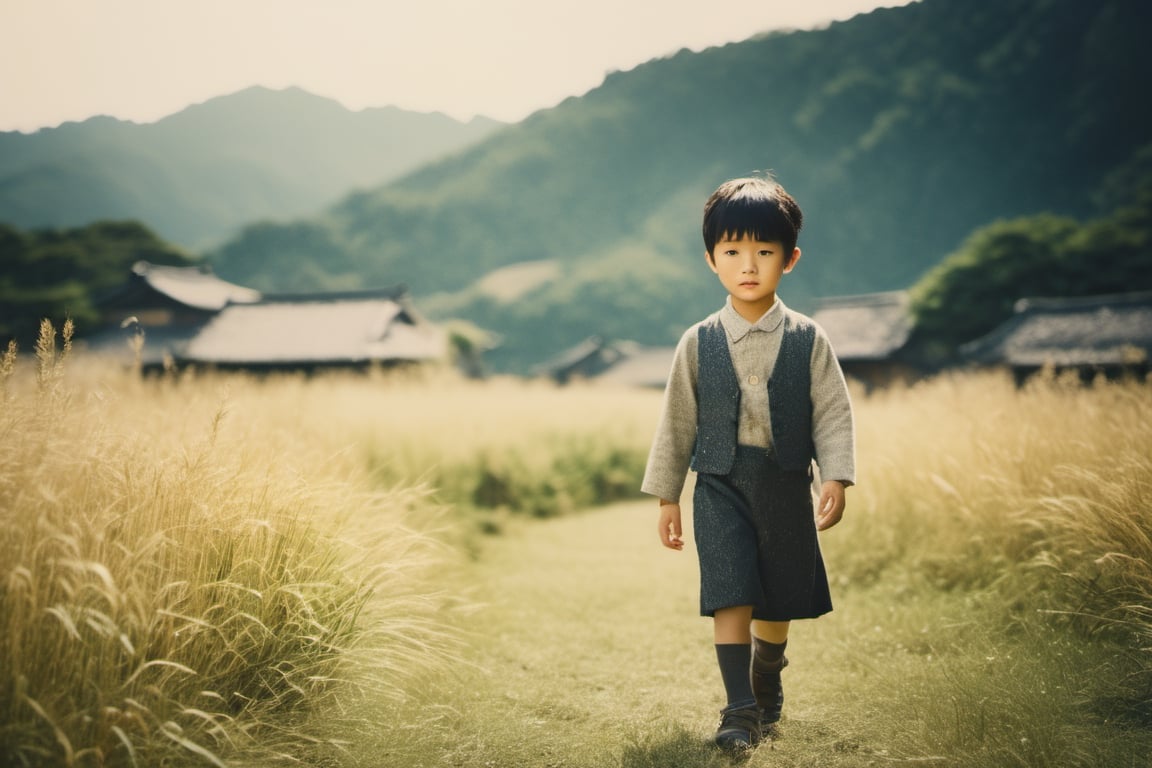 Top Quality, Masterpiece, Ultra High Resolution, ((Photorealistic: 1.4), Raw Photo, high contrast , bokeh , nostalgia , faded film , vintage , grain effect , vignette effect , japanese countryside , children