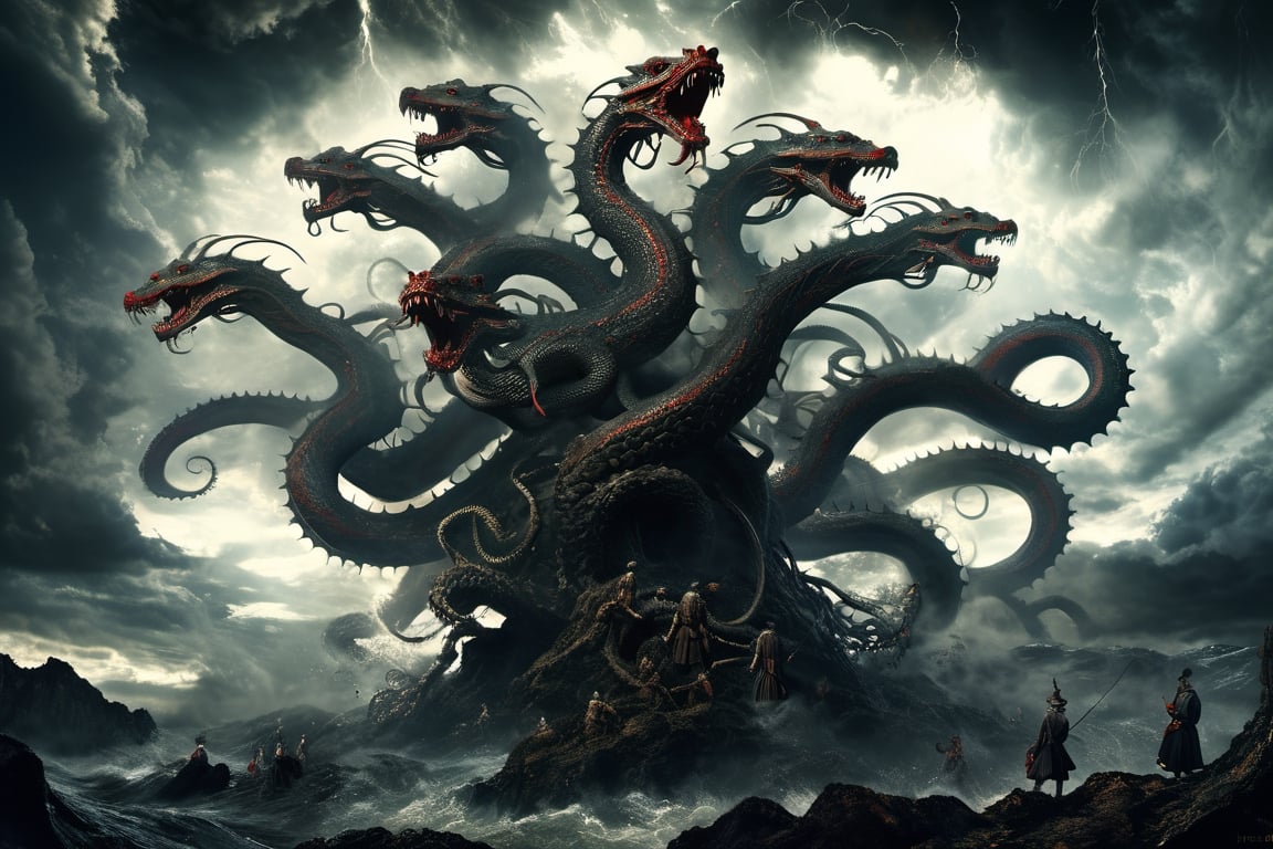 ((best quality)), ((masterpiece)), (((a seven-headed hydra))), (Seven intertwined hydras:1.9), (seven heads and necks:1.9), ,scary river monsters, Its Its eyes are red and shining, , it has five tails, Moss grow on its body, cypress grow on its body, cedar grow on its body, , (River water red with blood:0.5) , one side is covered in blood and sores, Scary and magnificent, a one ancient japanese girl standing on top of a hill next to a giant tree, , mountains, valleys, , ancient japanese mythology, , pixiv contest winner, fantasy art, , (intricate detail), (hyper detail), 8k hdr, high detail, lots of detail, , epic clouds and godlike lighting, covered with tentacles, , intricate ornate anime cgi style, night sea storm, birth of the universe, anime wallaper, a painting of a seven-headed dragon, Concept art by Hieronymus Bosch, pixiv contest winner, fantasy art, lovecraftian, cosmic horror, apocalypse art,Landskaper,6000,HellAI