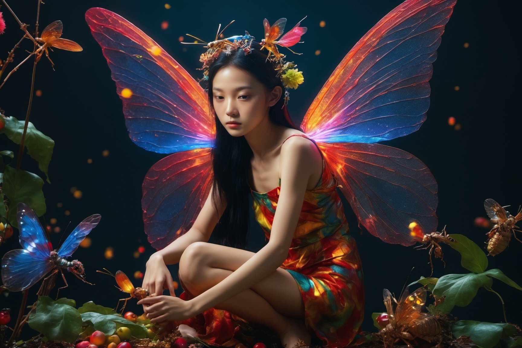 Beautiful virgin fairies,asian fairies, cruel fairies, centered, Classicism, Funky Seasons, side view, Photoshop, Grainy, Sound art, loud colors, Abstraction, strobe lighting, Super detailed, photorealistic, food photography,insects, Cycles render, 4k,