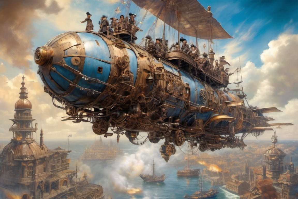 Naturalism, Oil Pastel Drawing, V-Ray rendering, Faded, Collage, blue colors, steampunk, infrared lighting, super realistic, hyper detailed, dramatic lighting, 4k, ((Steampunk)),  late 19th century, East Asia in European colonies,, sky above the city, mid-air battle, aerial pirates attacking a mechanical airship, pirate girl riding an ornithopter, ((pirate girl)), 16 year old girl, black hair, steampunk detailed costume, decorative gun, flying Machines, steam blimps, castles in the sky, cannons, weapons, iron wings, flying flags, gears, escape wheels, turrets, (fire), artillery, cinematic lights, clouds, dawn, highly detailed, metallic Luster,Complex design,Every detail,Steampunk AI,detailed face,xxmix_girl, HZ Steampunk, steampunk style, greg rutkowski