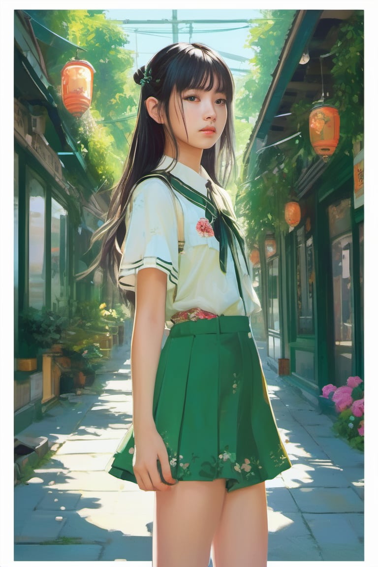 midsummer girl, asian gir, 16 years old,minimalist, Art Nouveau, Detailed Painting, street level view, Motion graphics, Flat, sprite sheet, multicoloured colors, Green Academia, lens flare lighting, High quality,cutegirlmix,xxmix_girl,greg rutkowski,lalalalisa_m