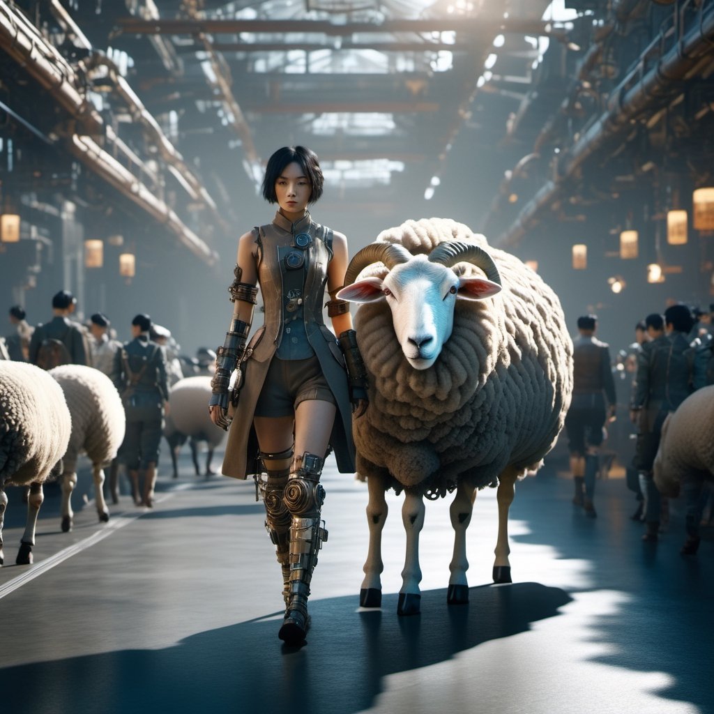 android girl, beautiful asian girl,walking a big sheep,big, Androgynous, Game Night, long shot, Octane rendering, Lo-fi, game asset, khaki colors, steampunk, sun lighting, 8K,Movie Still,cyborg style