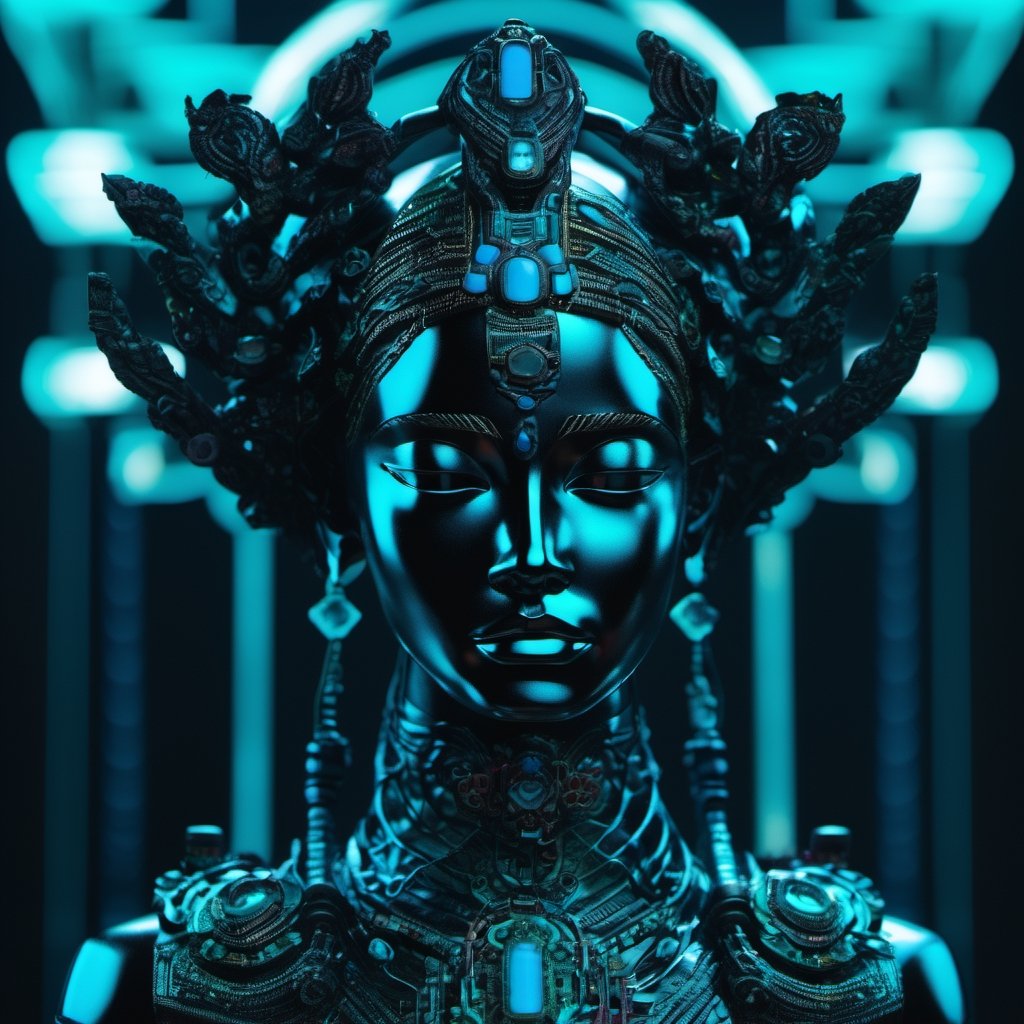 goddess Durgā, Vibrant, Colourful Black, drawing, Polaroid, Substance 3D, Contrasty, figurine, aquamarine colors, Meatcore, accent lighting, 16-bit,cyborg style