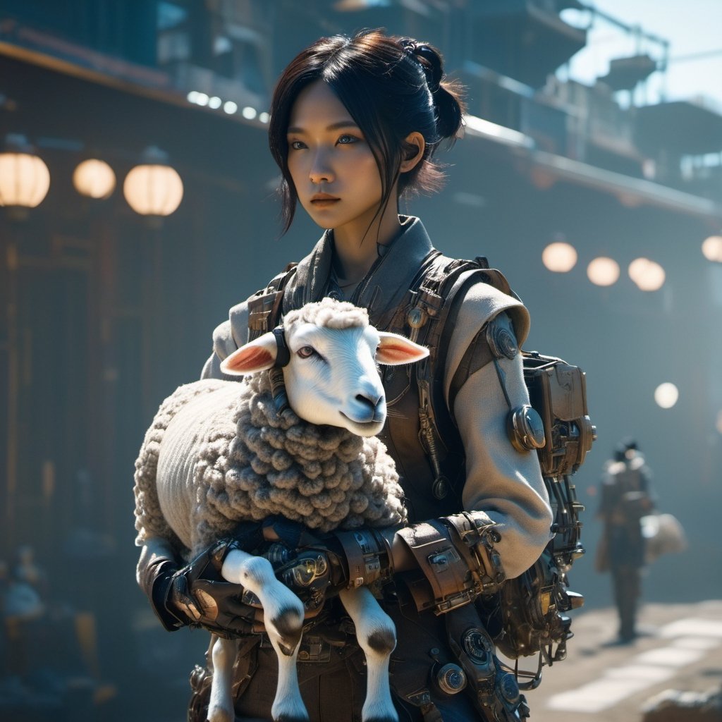 android girl, beautiful asian girl, carrying a strange little sheep on her shoulders,, Androgynous, Game Night, long shot, Octane rendering, Lo-fi, game asset, khaki colors, steampunk, sun lighting, 8K,Movie Still,cyborg style