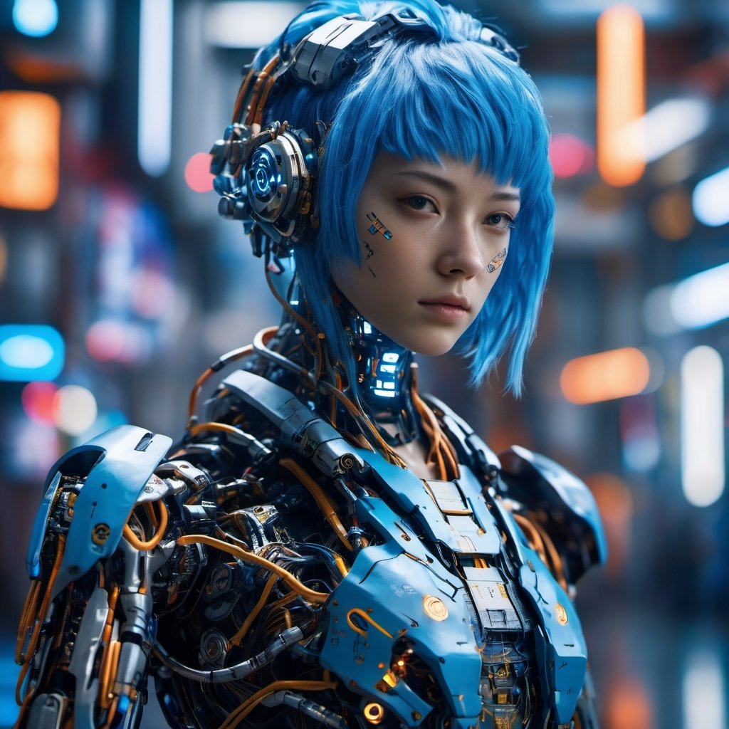 Top Quality, Masterpiece, Ultra High Resolution, ((Photorealistic: 1.4), Raw Photo, a Cyborg girl with blue hair, cyber school girl, a close up of a person in a robot suit, cyberpunk art, cgsociety, retrofuturism, vray tracing, future tech, physically based rendering, cgsociety contest winner, movie still of a cool cyborg, cyberpunk style color, gynoid body, cyberpunk tokyo, blue cyborg, portrait of an ai, covered in circuitry, hyper-realistic cg, perfect android girl, japanese vfx, dramatic sci-fi movie still