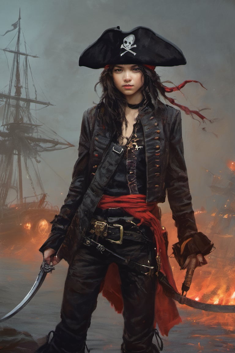 perfect artwork, girl pirate, A long red bellyband blowing in the wind, a red bandana, a flat black hat,Old fashioned pistols, burning ships, ghost ships,scary, Dark Fantasy, graffitti, long shot, untextured, Soft focus, Tapestry, multicoloured colors, Hallyu, Laser Show lighting, 16-bit, xxmix_girl,greg rutkowski,lalalalisa_m,6000,painting by jakub rozalski