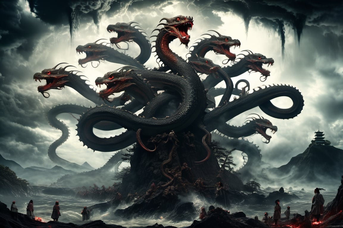 ((best quality)), ((masterpiece)), (((a seven-headed hydra))), (Seven intertwined hydras:1.9), (seven heads and necks:1.9), ,scary river monsters, Its Its eyes are red and shining, , it has five tails, Moss grow on its body, cypress grow on its body, cedar grow on its body, , (River water red with blood:0.5) , one side is covered in blood and sores, Scary and magnificent, a one ancient japanese girl standing on top of a hill next to a giant tree, , mountains, valleys, , ancient japanese mythology, , pixiv contest winner, fantasy art, , (intricate detail), (hyper detail), 8k hdr, high detail, lots of detail, , epic clouds and godlike lighting, covered with tentacles, , intricate ornate anime cgi style, night sea storm, birth of the universe, anime wallaper, a painting of a seven-headed dragon, Concept art by Hieronymus Bosch, pixiv contest winner, fantasy art, lovecraftian, cosmic horror, apocalypse art,Landskaper,6000,HellAI