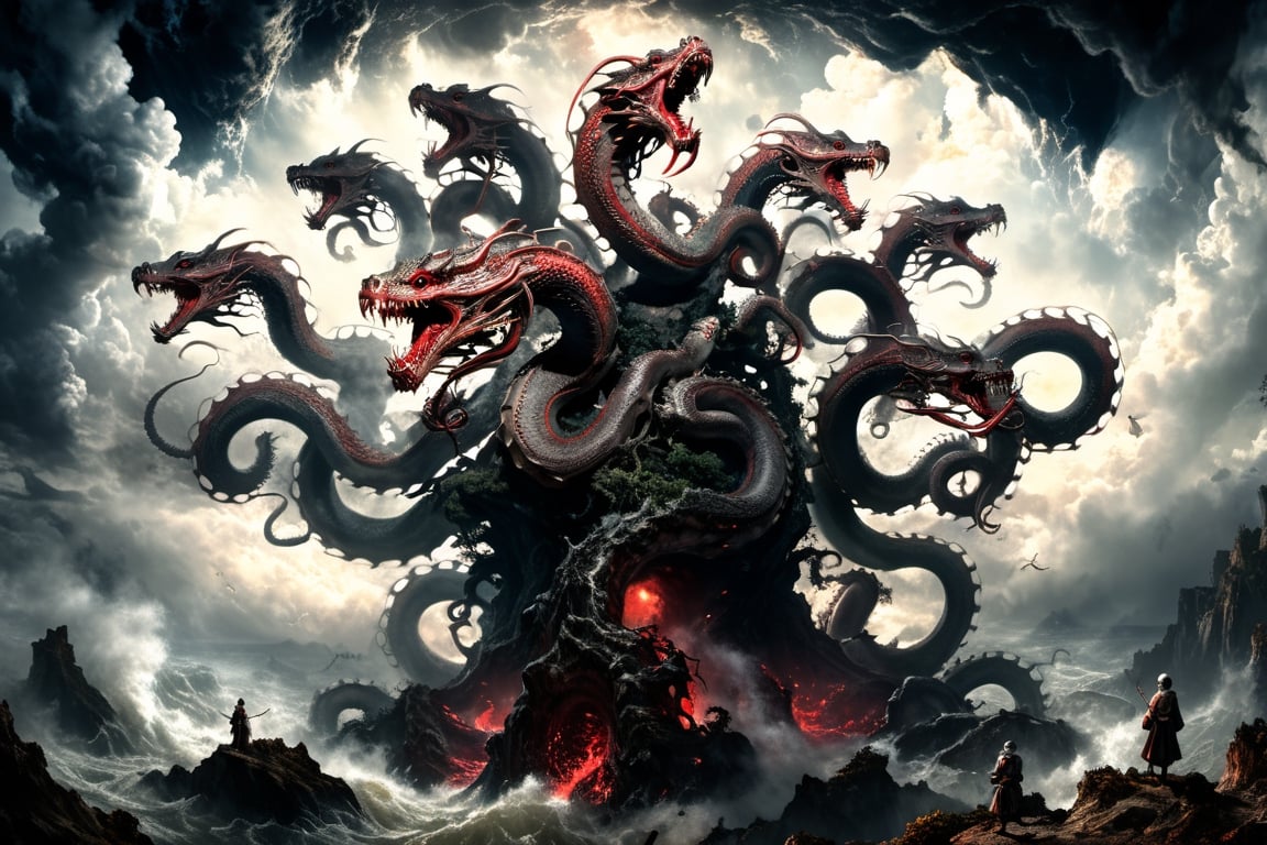 ((best quality)), ((masterpiece)), (((a seven-headed hydra))), (Seven intertwined hydras:1.9), (seven heads and necks:1.9), ,scary river monsters, Its Its eyes are red and shining, , it has five tails, Moss grow on its body, cypress grow on its body, cedar grow on its body, , (River water red with blood:0.5) , one side is covered in blood and sores, Scary and magnificent, a one ancient japanese girl standing on top of a hill next to a giant tree, , mountains, valleys, , ancient japanese mythology, , pixiv contest winner, fantasy art, , (intricate detail), (hyper detail), 8k hdr, high detail, lots of detail, , epic clouds and godlike lighting, covered with tentacles, , intricate ornate anime cgi style, night sea storm, birth of the universe, anime wallaper, a painting of a seven-headed dragon, Concept art by Hieronymus Bosch, pixiv contest winner, fantasy art, lovecraftian, cosmic horror, apocalypse art,Landskaper,6000,HellAI