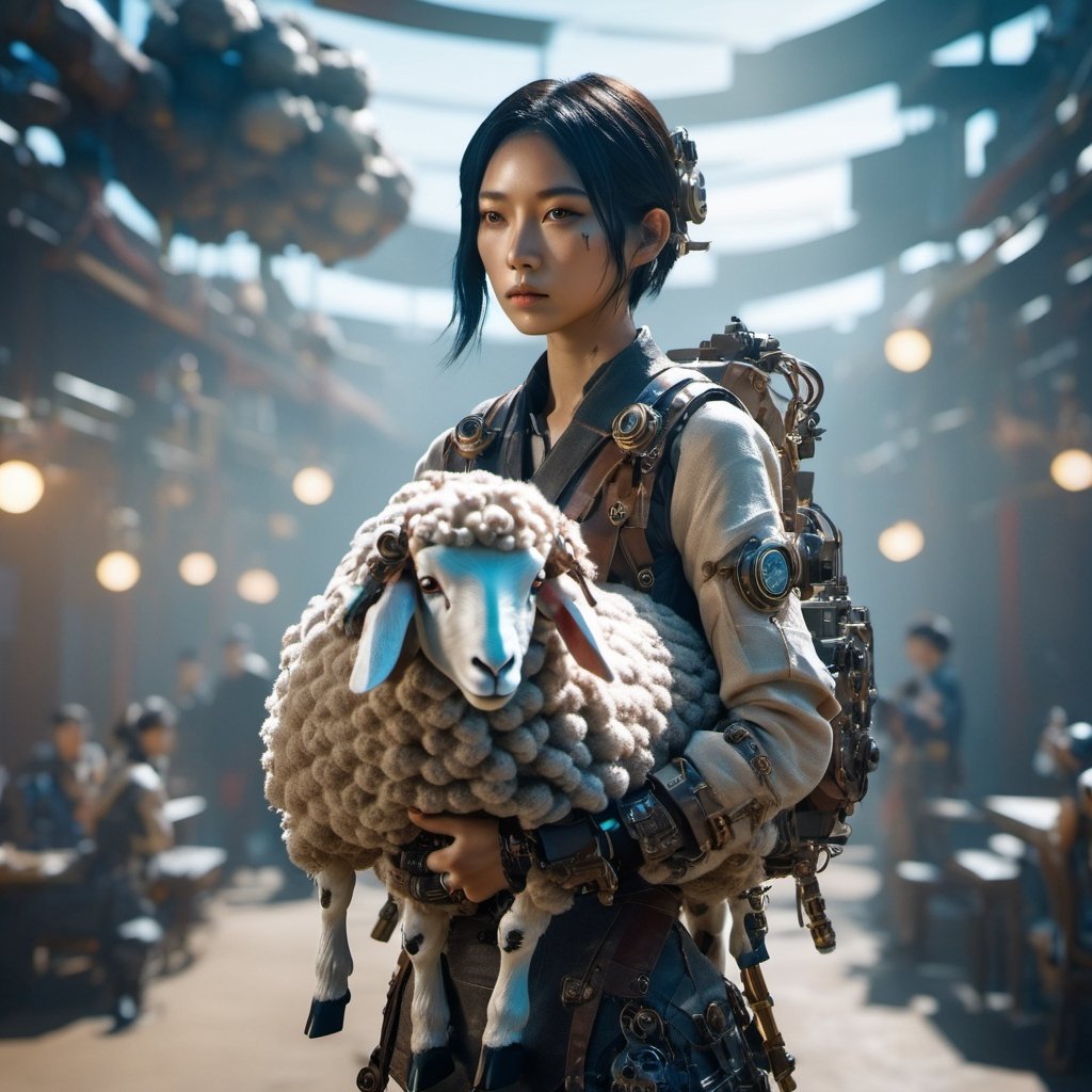 android girl, beautiful asian girl, carrying a strange little sheep on her shoulders,, Androgynous, Game Night, long shot, Octane rendering, Lo-fi, game asset, khaki colors, steampunk, sun lighting, 8K,Movie Still,cyborg style