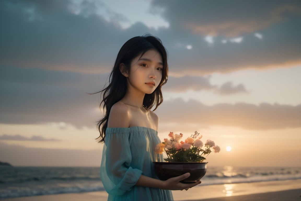 realstic, highres, high detail, photography, RAW, midsummer girl, asian gir, 14 years old,beautiful vietnamese girl,
Holding a bowl of offering flowers,off shoulder summer clothes, beach just before dawn, the clouds lit by the sunrise, Shadows of distant islands,Dark Academia, low angle,  Soft focus, Sound art, Dreamy, glow in the dark lighting, Ultra-realistic, highly detailed, natural lighting, ocean environment, Unity engine, 8k,xxmix_girl,  greg rutkowski,LinkGirl,FilmGirl