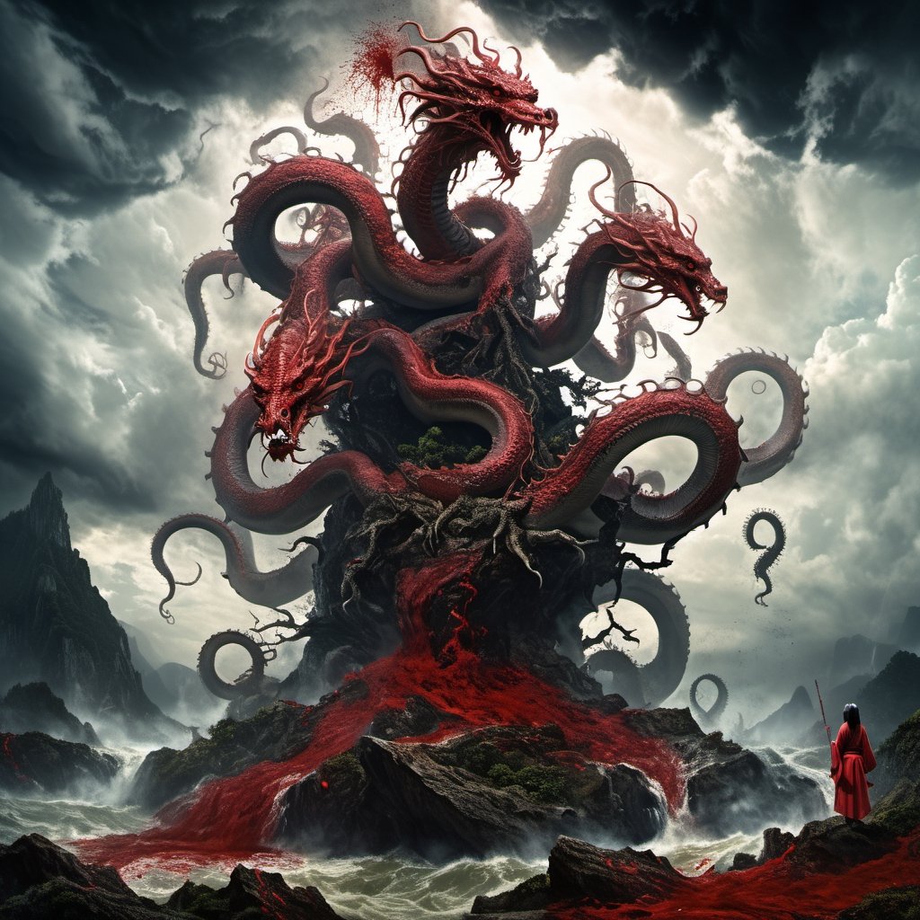 ((best quality)), ((masterpiece)), (((a seven-headed hydra))), (Seven intertwined hydras:1.9), (seven heads and necks:1.9), ,scary river monsters, Its Its eyes are red and shining, , it has five tails, Moss grow on its body, cypress grow on its body, cedar grow on its body, , (River water red with blood:1.8) , one side is covered in blood and sores, Scary and magnificent, a one ancient japanese girl standing on top of a hill next to a giant tree, , mountains, valleys, , ancient japanese mythology, , pixiv contest winner, fantasy art, , (intricate detail), (hyper detail), 8k hdr, high detail, lots of detail, , epic clouds and godlike lighting, covered with tentacles, , intricate ornate anime cgi style, night sea storm, birth of the universe, anime wallaper, a painting of a dragon, Concept art by Hieronymus Bosch, pixiv contest winner, fantasy art, lovecraftian, cosmic horror, apocalypse art,