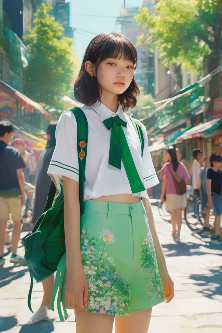 midsummer girl, asian gir, 16 years old,minimalist, Art Nouveau, Detailed Painting, street level view, Motion graphics, Flat, sprite sheet, multicoloured colors, Green Academia, lens flare lighting, High quality,cutegirlmix,xxmix_girl,greg rutkowski,lalalalisa_m