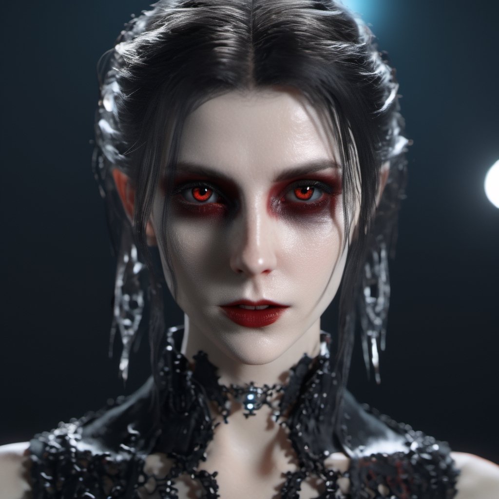 Beautiful girl vampire, mix of white and black,Gothic, scary, CyberneticPunk, Glowwave, GoPro view, Rigging, Depth of field, Print, Monochromatic colors, Groundcore, lens flare lighting, Ultra-realistic, highly detailed, PBR materials, Unity engine, volumetric lighting, 8k