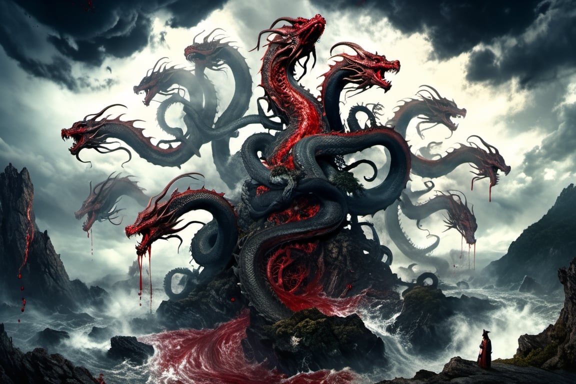 ((best quality)), ((masterpiece)), (((a seven-headed hydra))), (Seven intertwined hydras:1.9), (seven heads and necks:1.9), ,scary river monsters, Its Its eyes are red and shining, , it has five tails, Moss grow on its body, cypress grow on its body, cedar grow on its body, , (River water red with blood:1.8) , one side is covered in blood and sores, Scary and magnificent, a one ancient japanese girl standing on top of a hill next to a giant tree, , mountains, valleys, , ancient japanese mythology, , pixiv contest winner, fantasy art, , (intricate detail), (hyper detail), 8k hdr, high detail, lots of detail, , epic clouds and godlike lighting, covered with tentacles, , intricate ornate anime cgi style, night sea storm, birth of the universe, anime wallaper, a painting of a dragon, Concept art by Hieronymus Bosch, pixiv contest winner, fantasy art, lovecraftian, cosmic horror, apocalypse art,