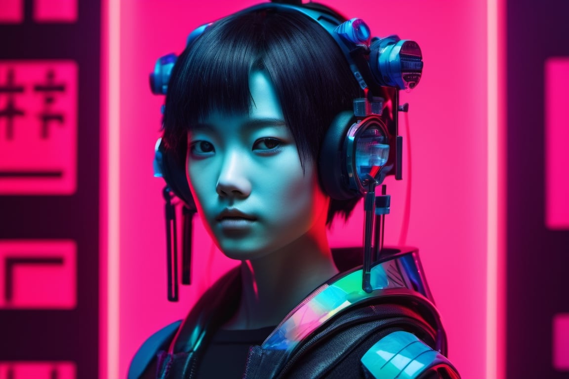 asian girl,, Vibrant, Colourful Black, drawing, Polaroid, Substance 3D, Contrasty, figurine, aquamarine colors, Meatcore, accent lighting, 16-bit,cyborg style
