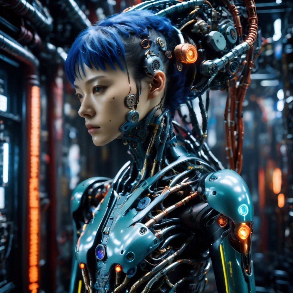 Top Quality, Masterpiece, Ultra High Resolution, ((Photorealistic: 1.4), Raw Photo, 1 cyberpunk android Girl, portrait, Glossy Skin, (Ultra Realistic Details)), mechanical limbs, tubes connected to the mechanical parts, mechanical vertebrae attached to the spine, mechanical cervical attachment to the neck, wires and cables connecting to the head, Evangelion, ((Ghost in the Shell)), small glowing LED lamps, global lighting, deep shadows, Octane Rendering, 8K, Ultra Sharp, Metal, Intricate Ornament Details, baroque details, Very intricate details, realistic light, CGSoation trend, facing the camera, neon details, (android manufactory in background), art by H.R. Giger and Alphonse Mucha.,