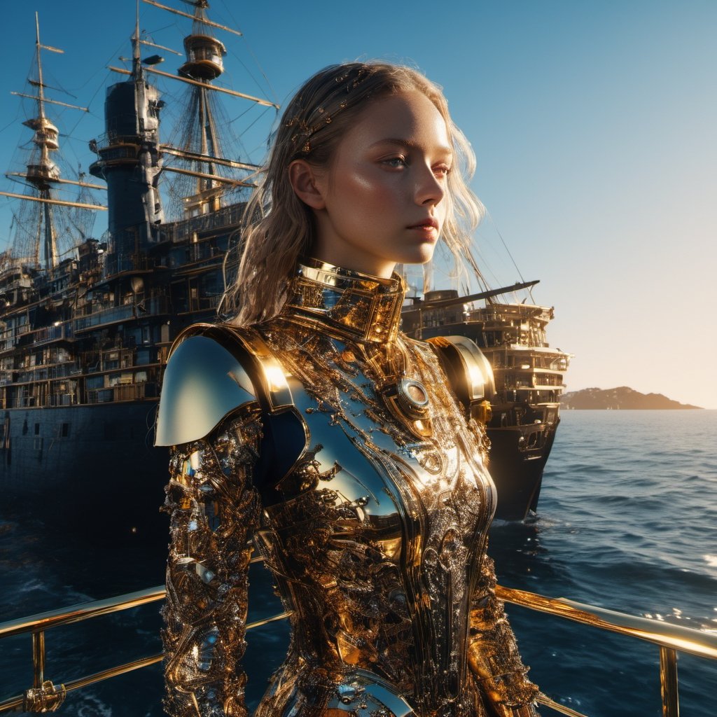 android girl, beautiful, Dark Nautical, Fotocollage, massive scale, Character modeling, Contrasty, Interactive, loud colors, Maximalism, golden hour sun lighting, Hyperrealistic textures, intricate details, architectural visualization, Corona render, 8k