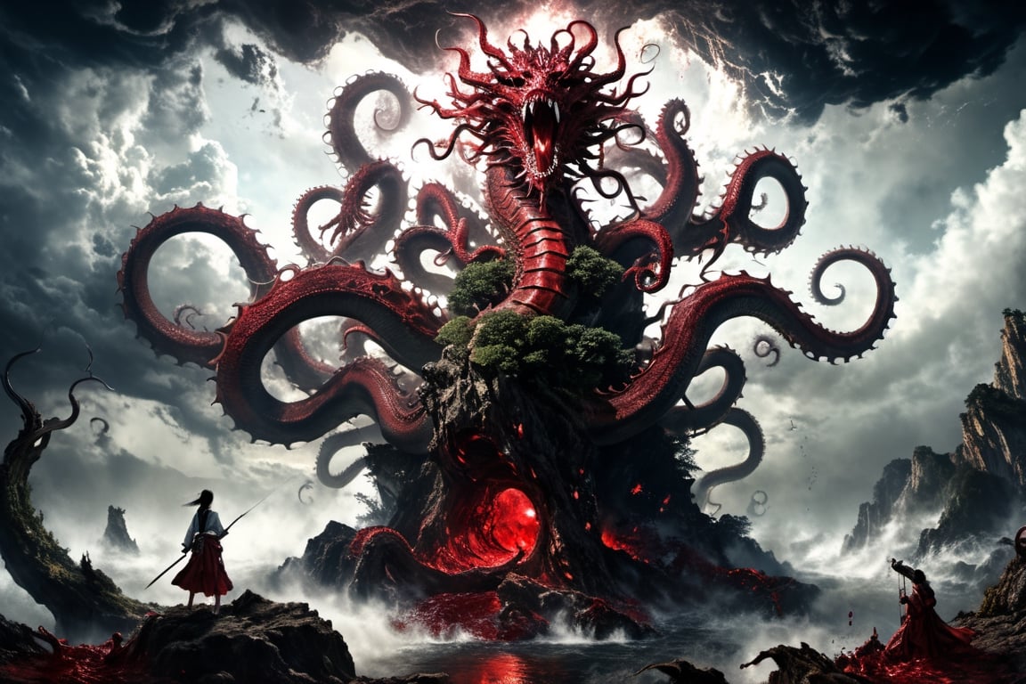 ((best quality)), ((masterpiece)), (((a seven-headed hydra))), (Seven intertwined hydras:1.9), (seven heads and necks:1.9), ,scary river monsters, Its Its eyes are red and shining, , it has five tails, Moss grow on its body, cypress grow on its body, cedar grow on its body, , (River water red with blood:1.8) , one side is covered in blood and sores, Scary and magnificent, a one ancient japanese girl standing on top of a hill next to a giant tree, , mountains, valleys, , ancient japanese mythology, , pixiv contest winner, fantasy art, , (intricate detail), (hyper detail), 8k hdr, high detail, lots of detail, , epic clouds and godlike lighting, covered with tentacles, , intricate ornate anime cgi style, night sea storm, birth of the universe, anime wallaper, a painting of a dragon, Concept art by Hieronymus Bosch, pixiv contest winner, fantasy art, lovecraftian, cosmic horror, apocalypse art,