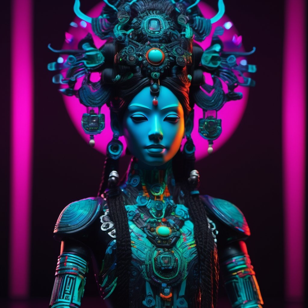 goddess Durgā, Vibrant, Colourful Black, drawing, Polaroid, Substance 3D, Contrasty, figurine, aquamarine colors, Meatcore, accent lighting, 16-bit,cyborg style