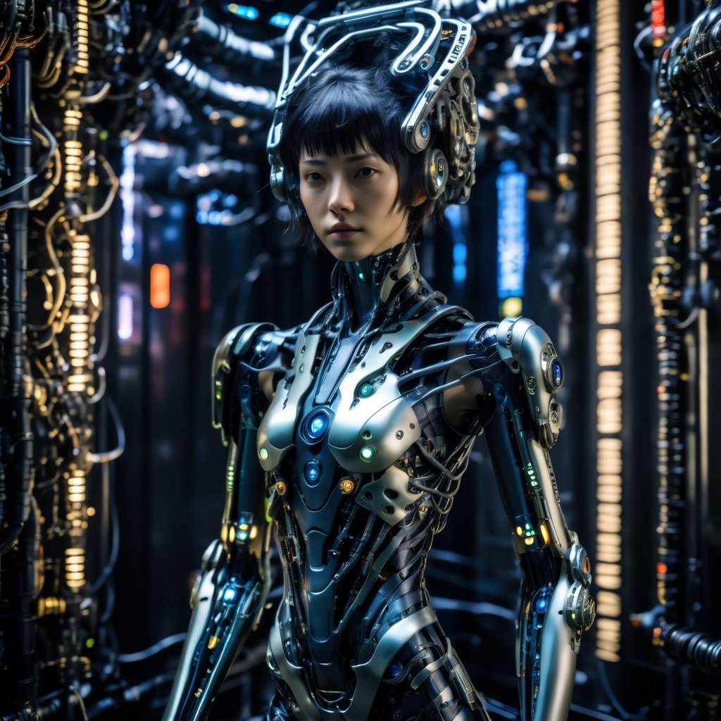 Top Quality, Masterpiece, Ultra High Resolution, ((Photorealistic: 1.4), Raw Photo, 1 cyberpunk android Girl, portrait, Glossy Skin, (Ultra Realistic Details)), mechanical limbs, tubes connected to the mechanical parts, mechanical vertebrae attached to the spine, mechanical cervical attachment to the neck, wires and cables connecting to the head, Evangelion, ((Ghost in the Shell)), small glowing LED lamps, global lighting, deep shadows, Octane Rendering, 8K, Ultra Sharp, Metal, Intricate Ornament Details, baroque details, Very intricate details, realistic light, CGSoation trend, facing the camera, neon details, (android manufactory in background), art by H.R. Giger and Alphonse Mucha.,