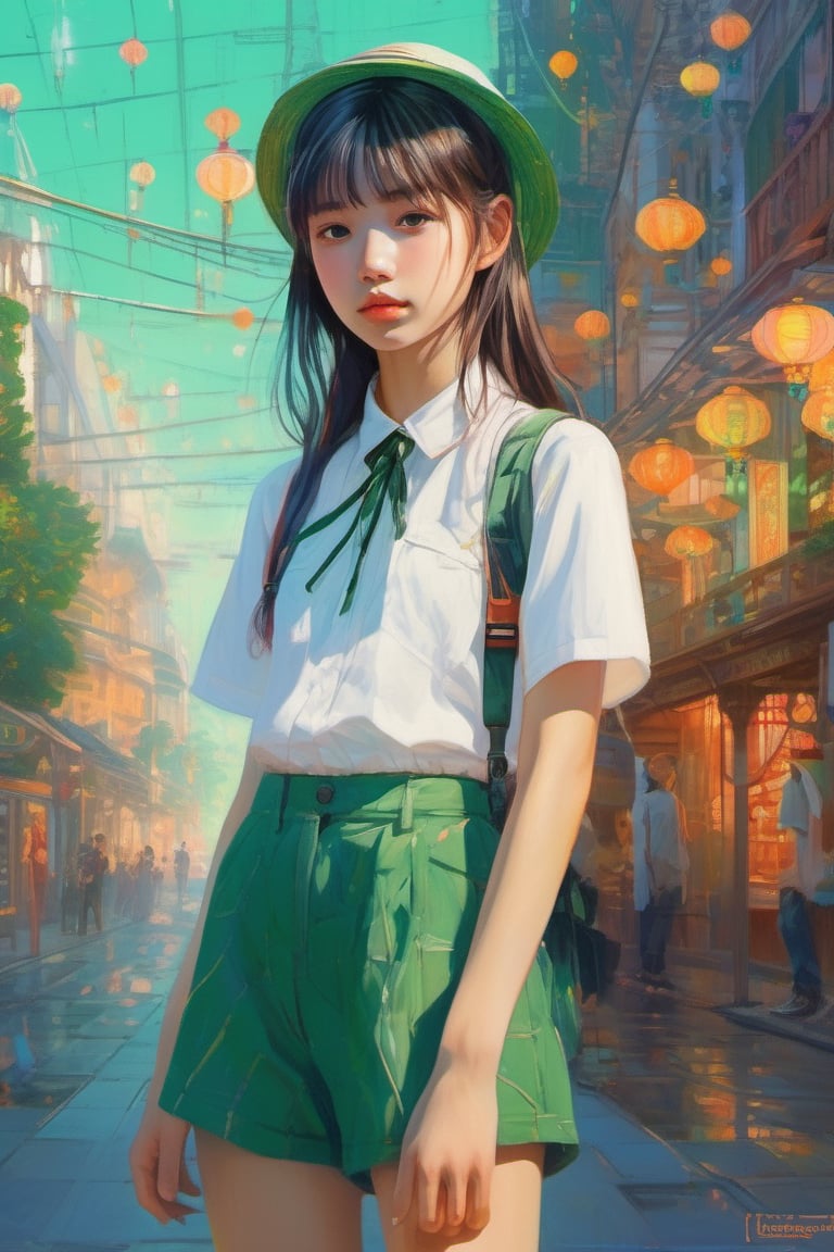 midsummer girl, asian gir, 16 years old,minimalist, Art Nouveau, Detailed Painting, street level view, Motion graphics, Flat, sprite sheet, multicoloured colors, Green Academia, lens flare lighting, High quality,cutegirlmix,xxmix_girl,greg rutkowski,lalalalisa_m