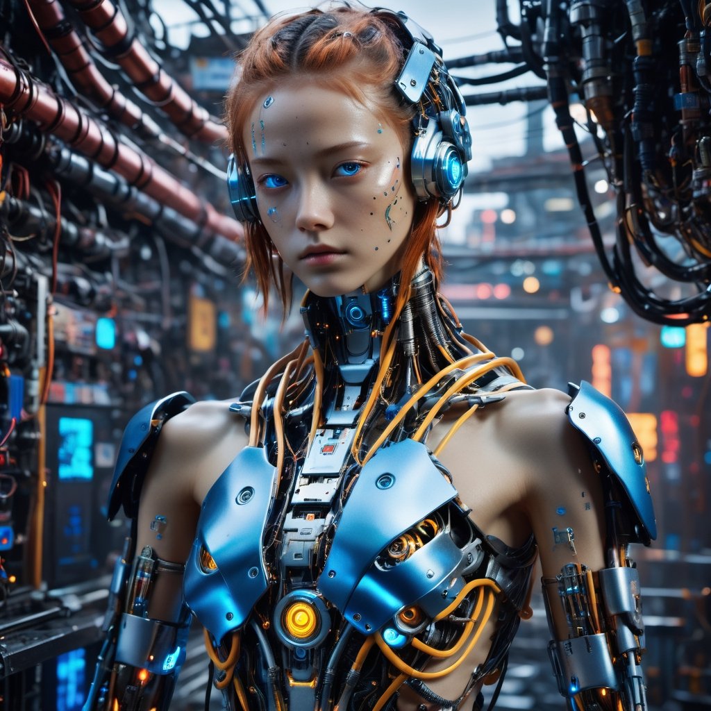 Top Quality, Masterpiece, Ultra High Resolution, ((Photorealistic: 1.4), Raw Photo, a Cyborg girl, cyber school girl, a close up of a person in a robot suit, cyberpunk art, Shining eyes, sadness, Glossy Skin,Partially exposed human skin ,Big exposed chest, she has a glow coming from her, (Ultra Realistic Details)), mechanical limbs, tubes connected to the mechanical parts, mechanical vertebrae attached to the spine, mechanical cervical attachment to the neck, wires and cables connecting to the head,Metallic luster, amazingly detailed details, intricate circuits and tubes, neon lighting, the background is a Waste machinery dumping ground at night, rain, cgsociety, retrofuturism, vray tracing, future tech, physically based rendering, cgsociety contest winner, movie still of a cool cyborg, cyberpunk style color, gynoid body, cyberpunk tokyo, blue cyborg, portrait of an ai, covered in circuitry, hyper-realistic cg, perfect android girl, japanese vfx, dramatic sci-fi movie still