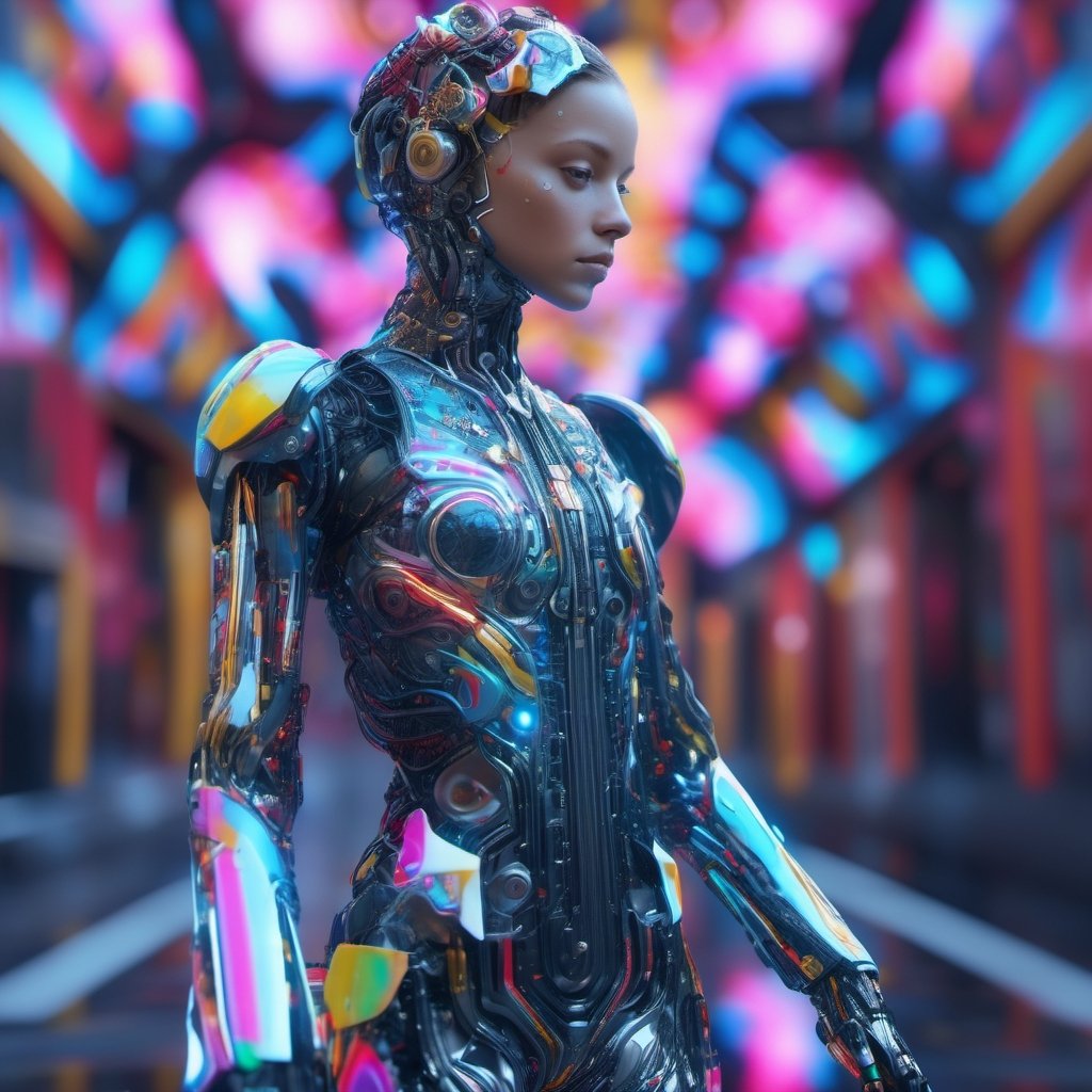 android girl, kaleidoscopic, Baroque, graffitti, lower body shot, Houdini rendering, Flat, Sound art, complement colors, Halloween, lens flare lighting, Super detailed, photorealistic, food photography, Cycles render, 4k,cyborg style