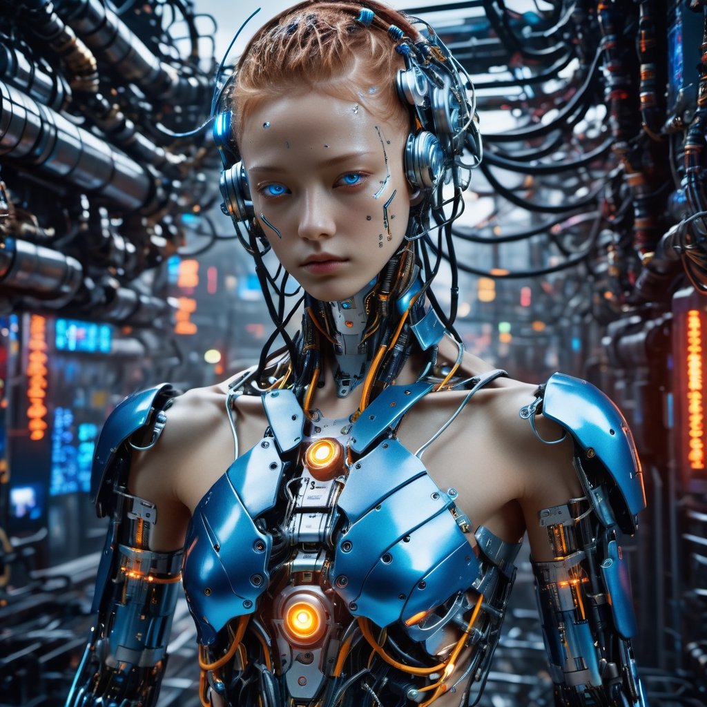 Top Quality, Masterpiece, Ultra High Resolution, ((Photorealistic: 1.4), Raw Photo, a Cyborg girl, cyber school girl, a close up of a person in a robot suit, cyberpunk art, Shining eyes, sadness, Glossy Skin,Partially exposed human skin ,Big exposed chest, she has a glow coming from her, (Ultra Realistic Details)), mechanical limbs, tubes connected to the mechanical parts, mechanical vertebrae attached to the spine, mechanical cervical attachment to the neck, wires and cables connecting to the head,Metallic luster, amazingly detailed details, intricate circuits and tubes, neon lighting, the background is a Waste machinery dumping ground at night, rain, cgsociety, retrofuturism, vray tracing, future tech, physically based rendering, cgsociety contest winner, movie still of a cool cyborg, cyberpunk style color, gynoid body, cyberpunk tokyo, blue cyborg, portrait of an ai, covered in circuitry, hyper-realistic cg, perfect android girl, japanese vfx, dramatic sci-fi movie still